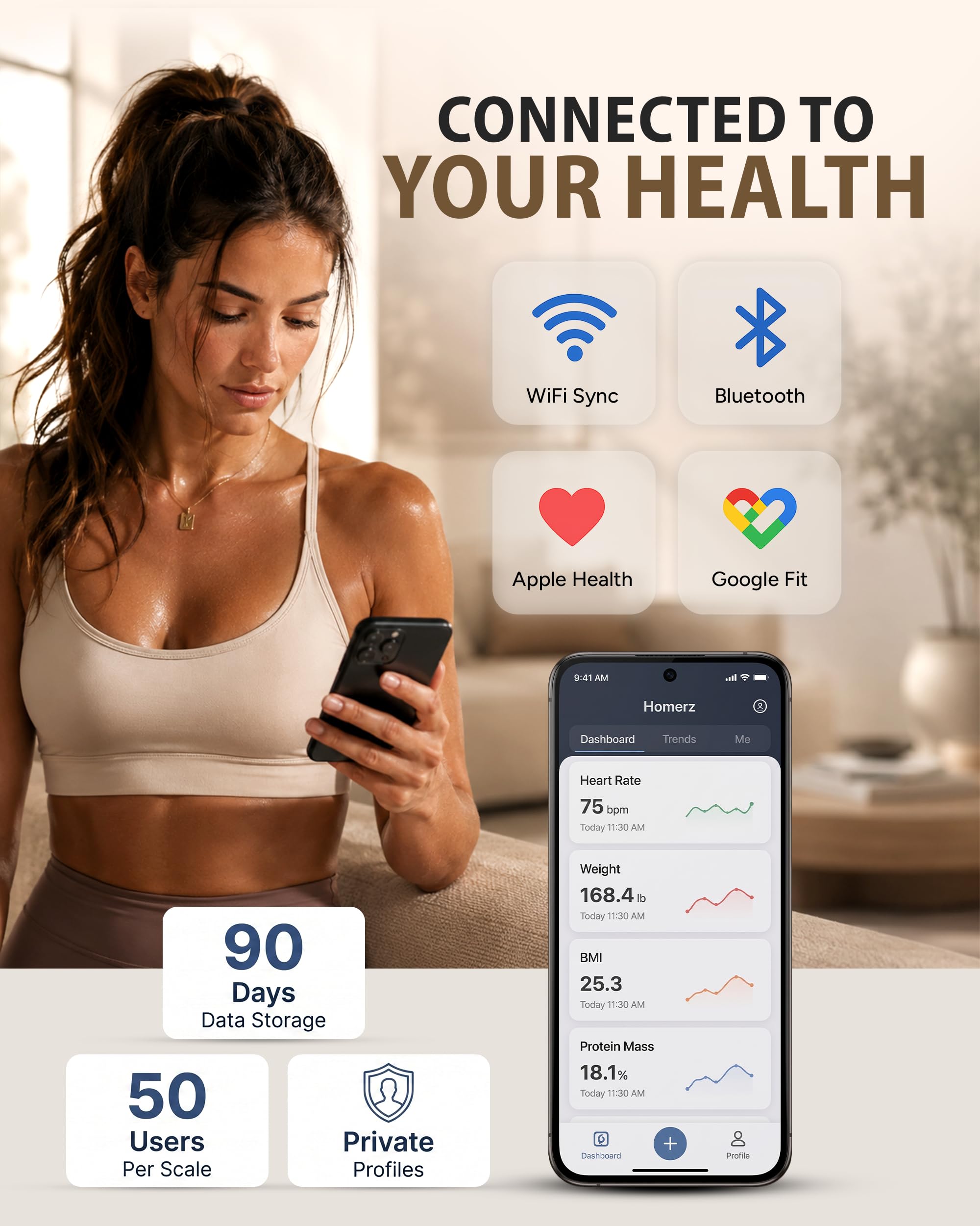 Homerz Balance intelligente - Balance intelligente sans flexion avec IMC, graisse corporelle, masse musculaire, composition corporelle complète avec suivi numérique du poids, balance avec poignée