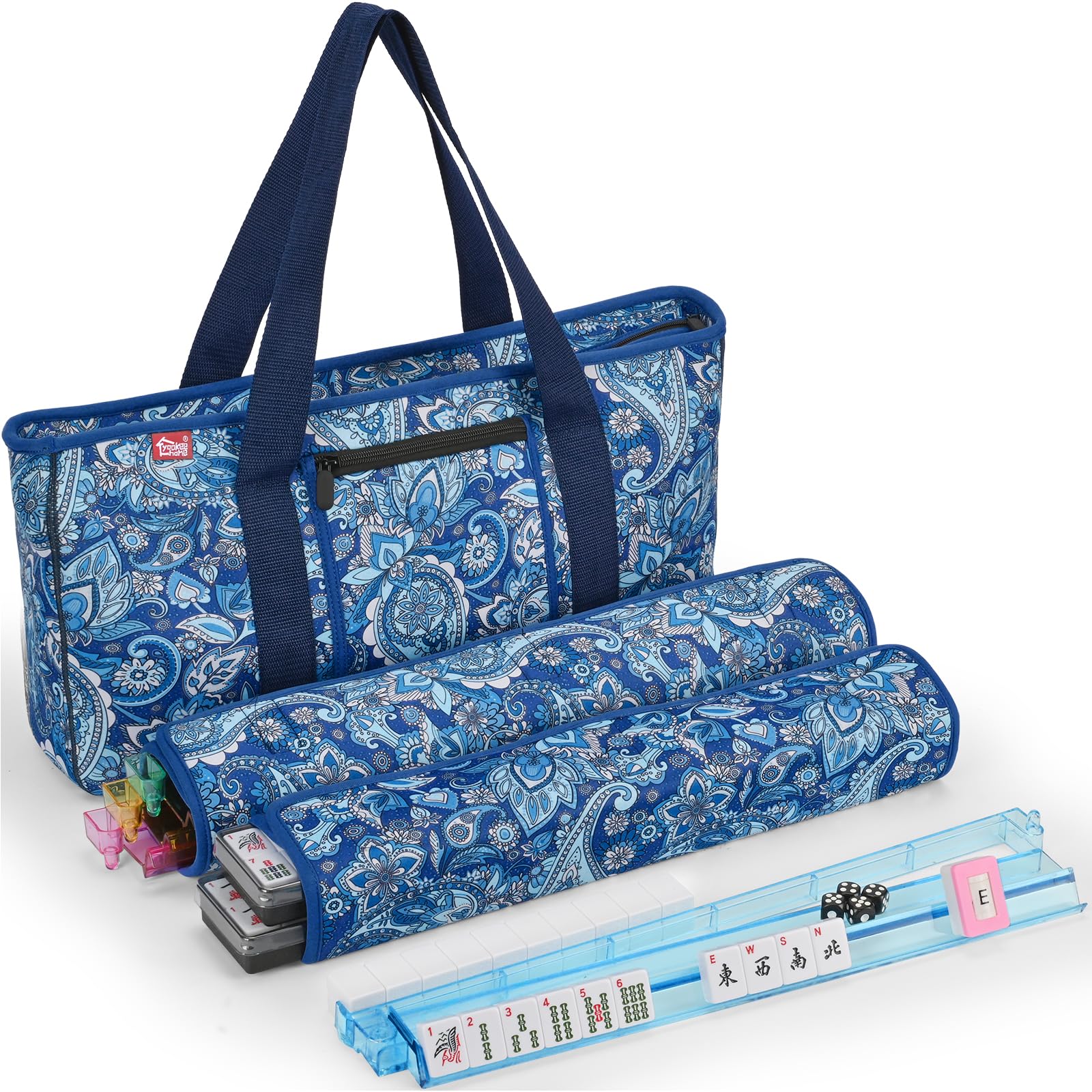 yookee home Mahjong Set Mahjong Game Set American Mahjong Set 166 Tiles 4 All-in-One Color Rack/Pushers Blue Paisley Soft Neoprene Bag Mahjongg Ma Jong Set