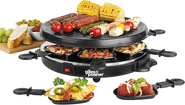 Giles & Posner EK4511G Electric Round Non-Stick Raclette Grill, Indoor Tabletop 6 Person Raclette, Non-Stick Grill Pans, Spatulas Included, Approx. Plate Size 29 cm, 800 W, Ideal Party Food Machine