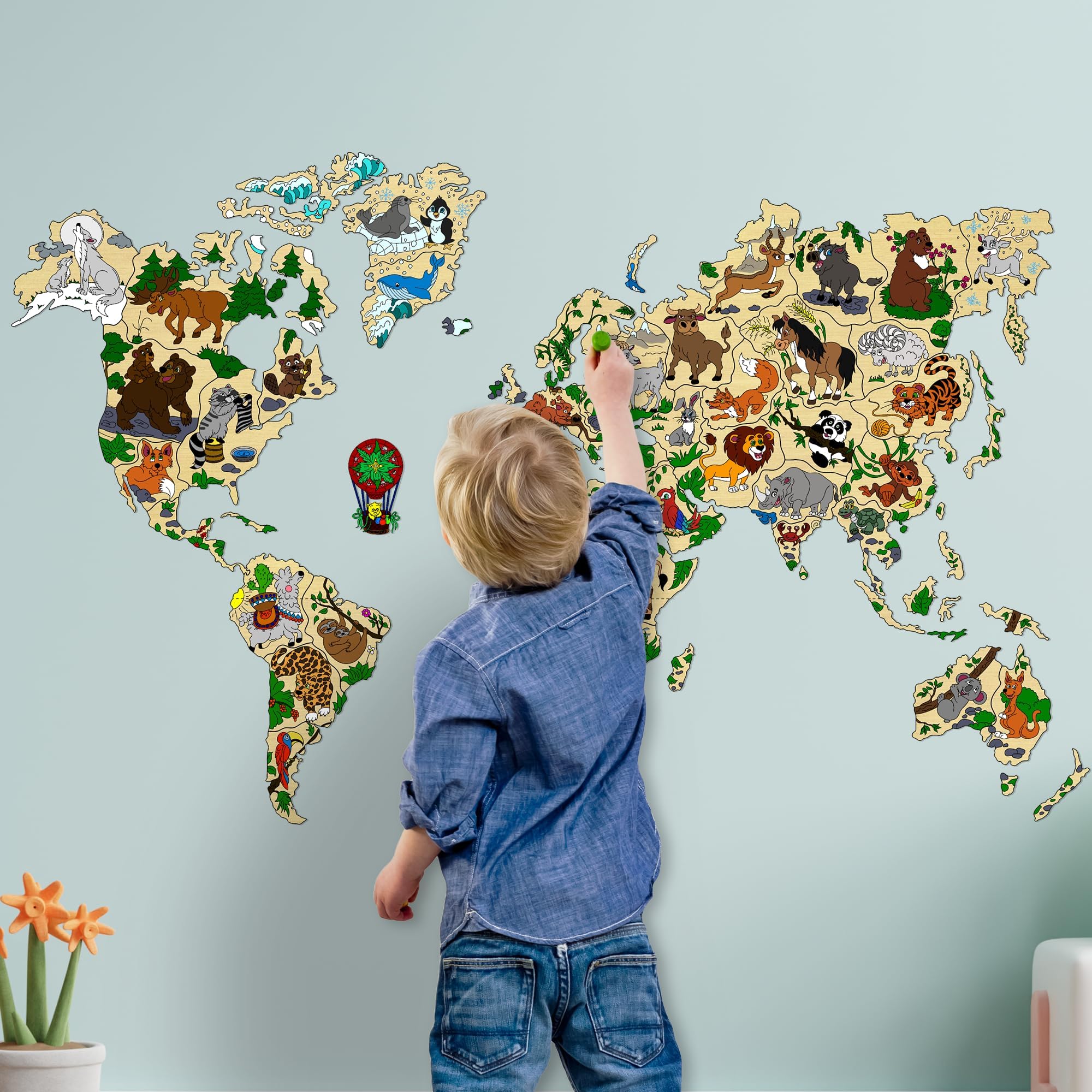 WOODEN.CITY Animal World Map for Kids L - Wood Stickers Painting Map - Kids World Map Wall Decor - Wooden Map of The World for Wall - Wooden Wall Stickers Map of The World - Wood World Map Wall Art