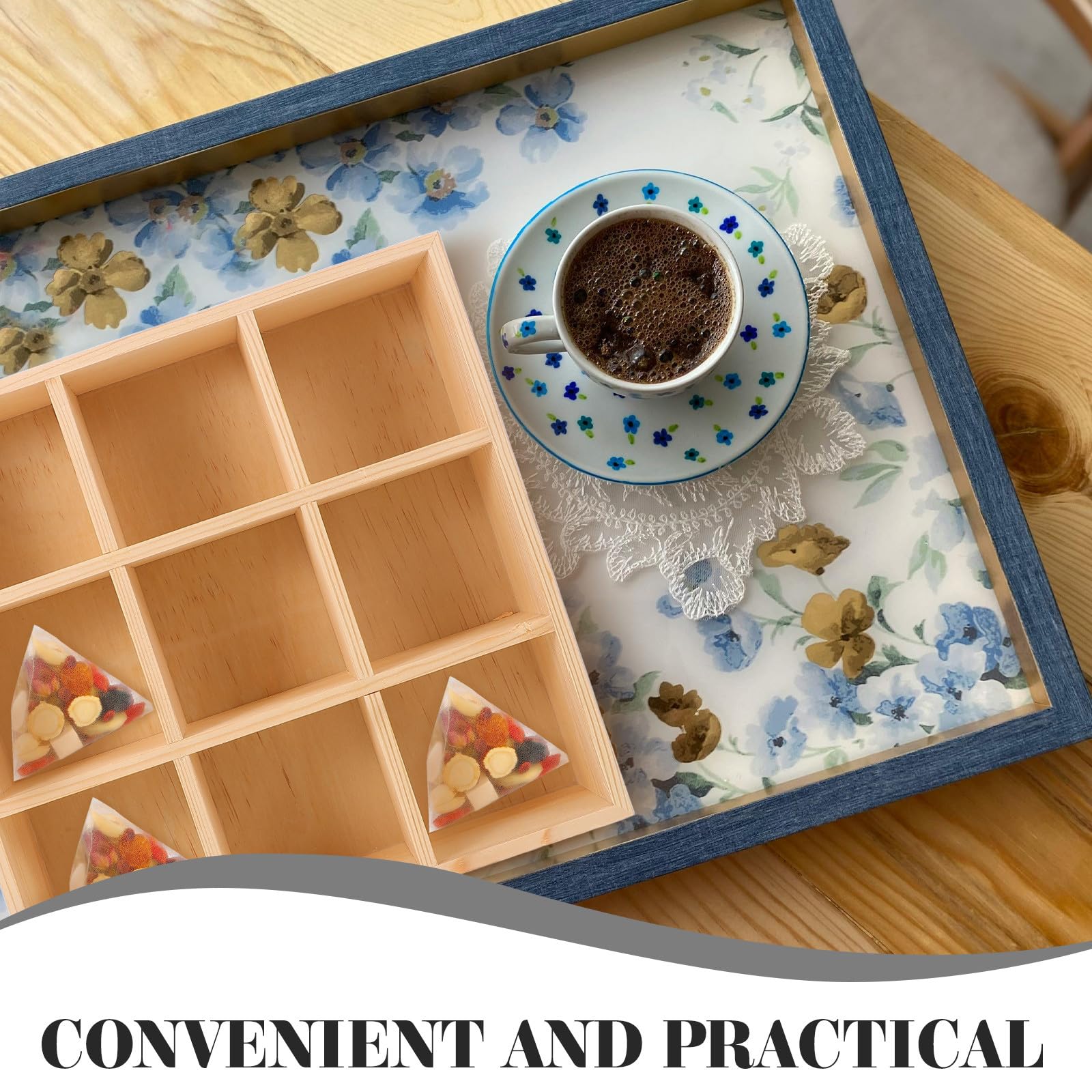 Caja de Madera Beige 9 Compartimentos para Almacenamiento y Organización de Bolsitas de Té y Paquetes de Azúcar, Resistente y Adecuado para Cocina o Patio