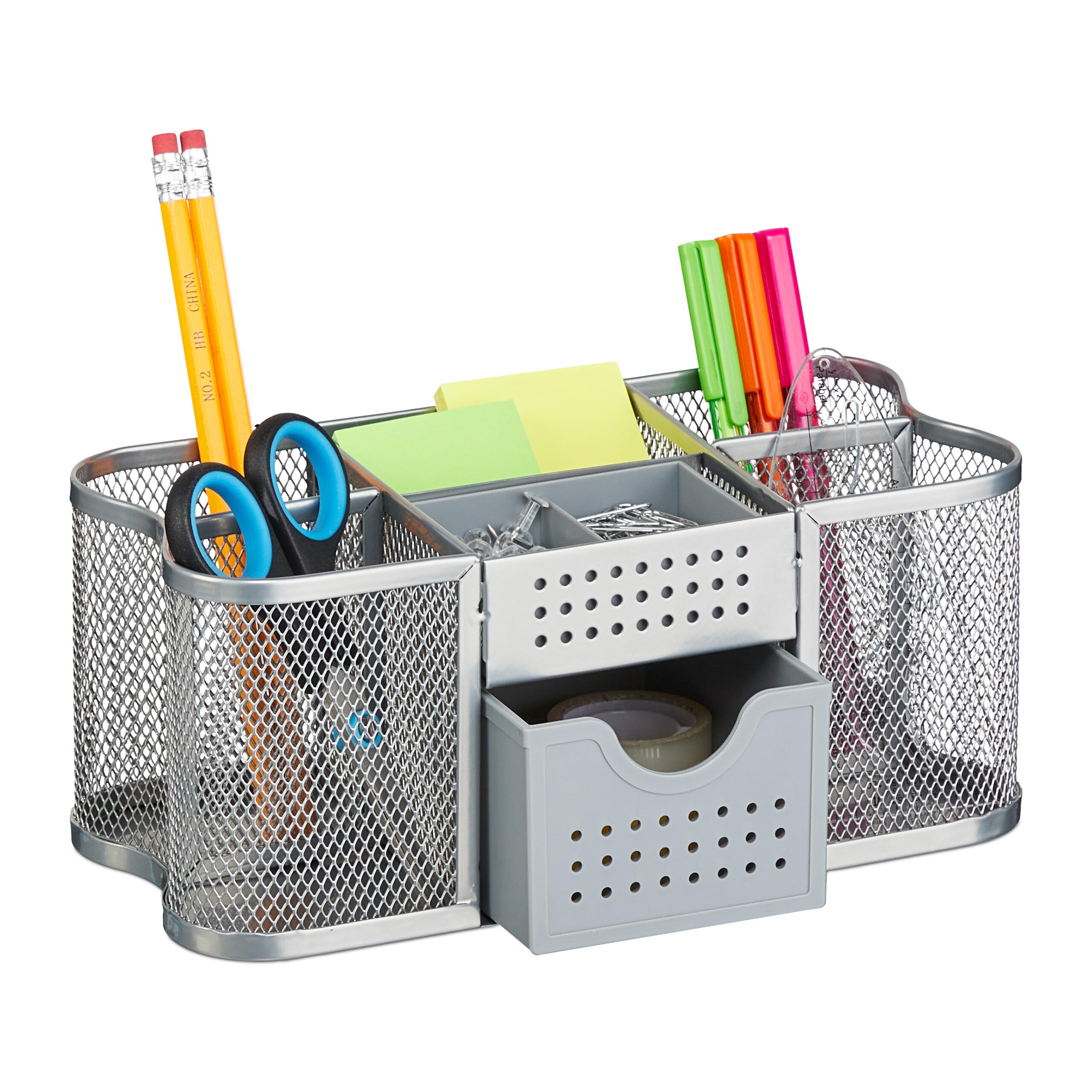 Relaxdays Mesh Desk Organiser, Pen Holder & Drawer, Pen Pot, Pen Holder, Steel, HBT 10 x 23.5 x 11.5 cm, Silver