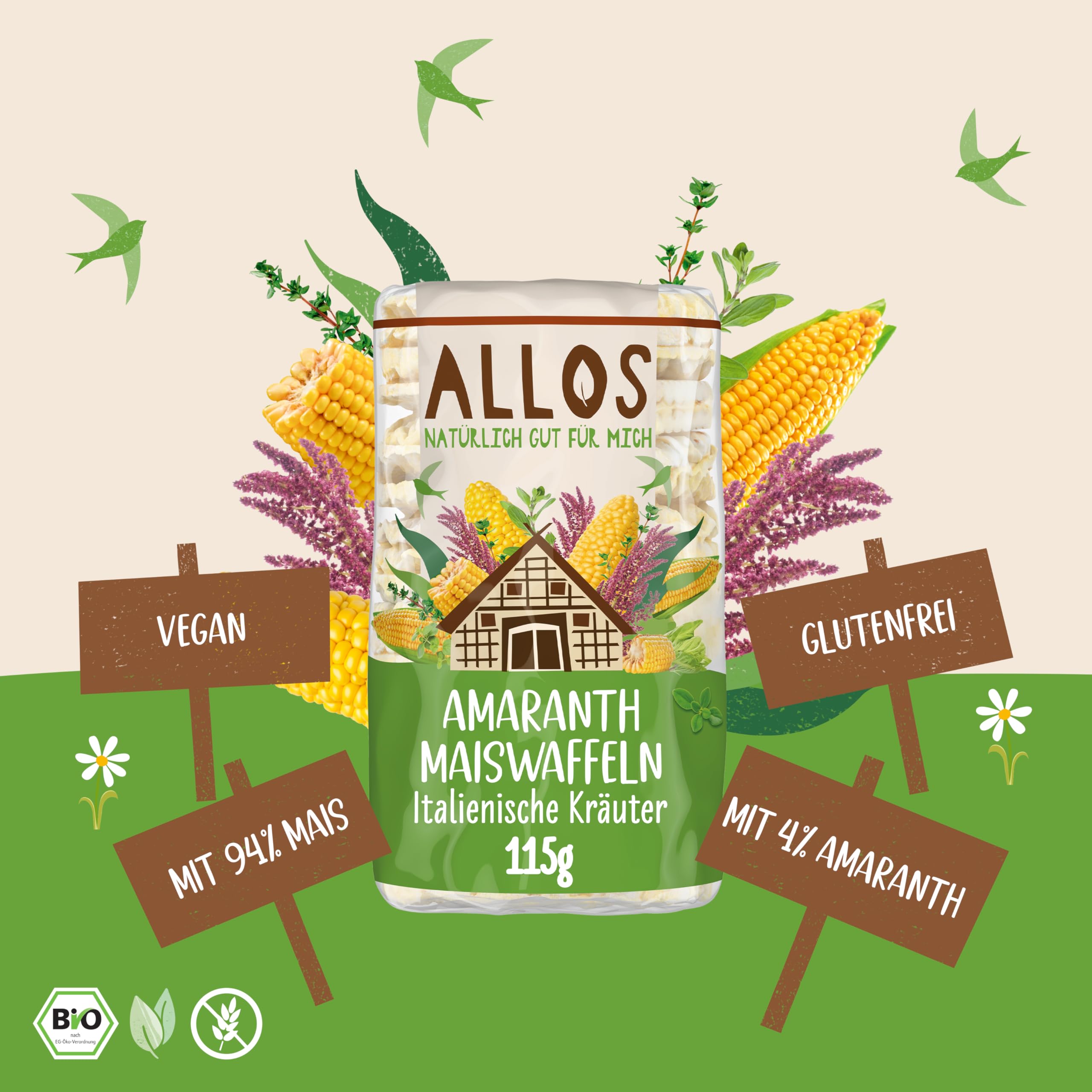 Allos Bio Amaranth-Mais Waffeln Italienische Kräuter | 12er Pack | Knusprig-leichter Snack mit Kräutern | Alternative zu Reiswaffeln |vegan & glutenfrei | 12 x 115g