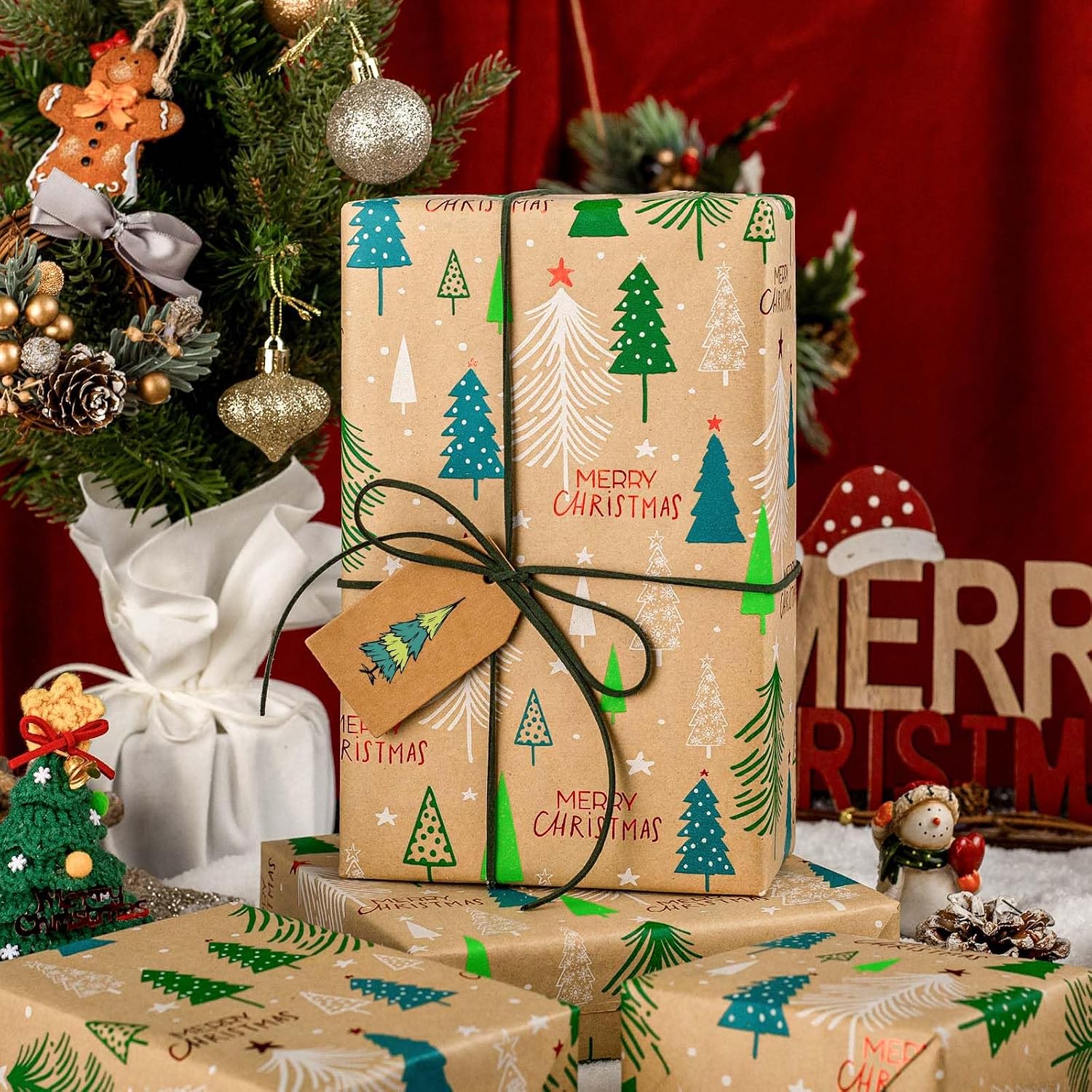 Yarcony Kraft Christmas Wrapping Paper Roll, Christmas Tree Wrapping Paper, Thick Kraft Holiday Gift Wrap with Green Foil Green Tree Design for Holidays,Winter Solstice Gift (17 Inch X 33 Feet)