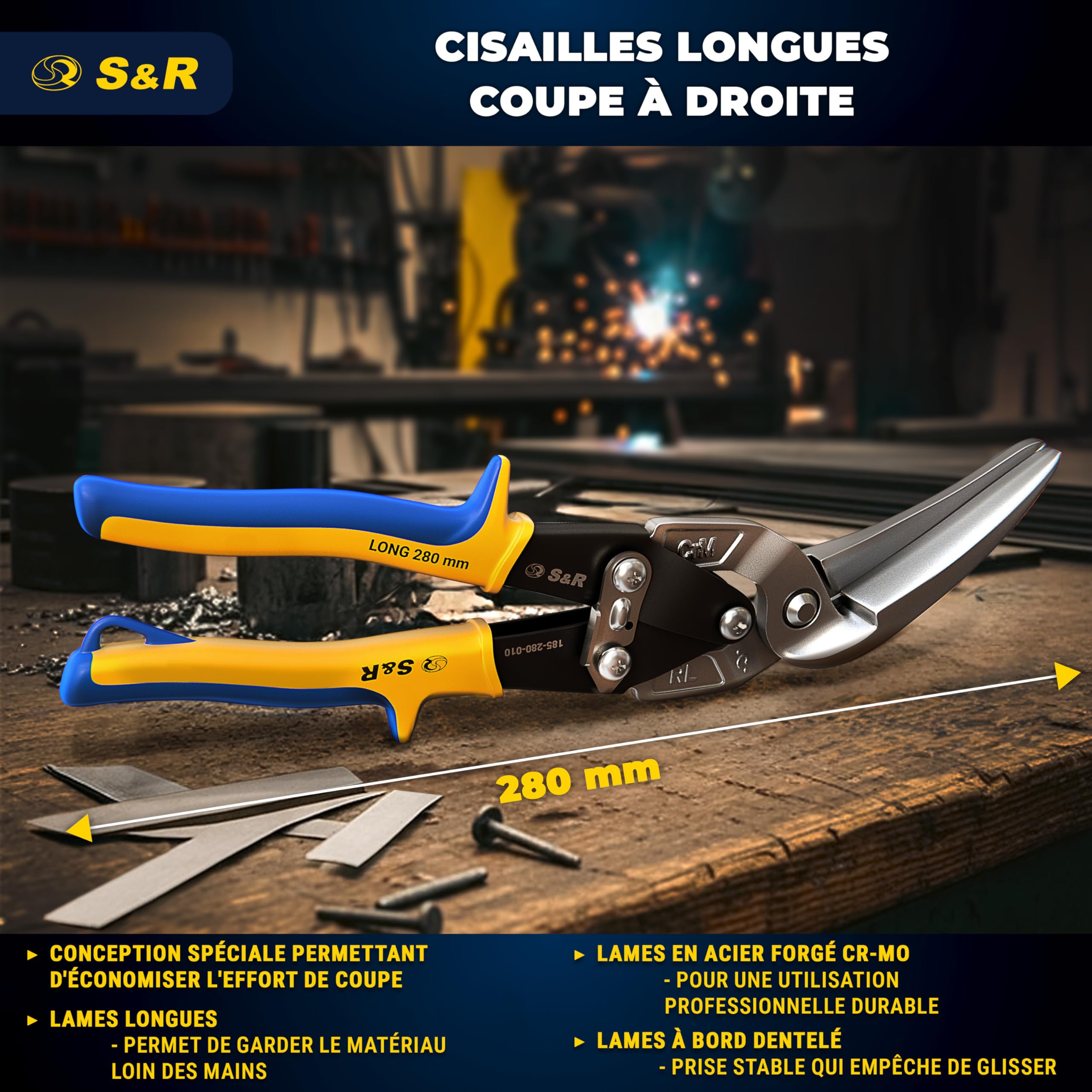 S&R Cisaille à Tôle Cisaille Plaquiste Rail Placo Couvreur Aviation Professionnelle 280 mm – Coupe à Droite – Lames Longues Dentelées CrMo pour Acier, Inox, Aluminium et Métaux Colorés