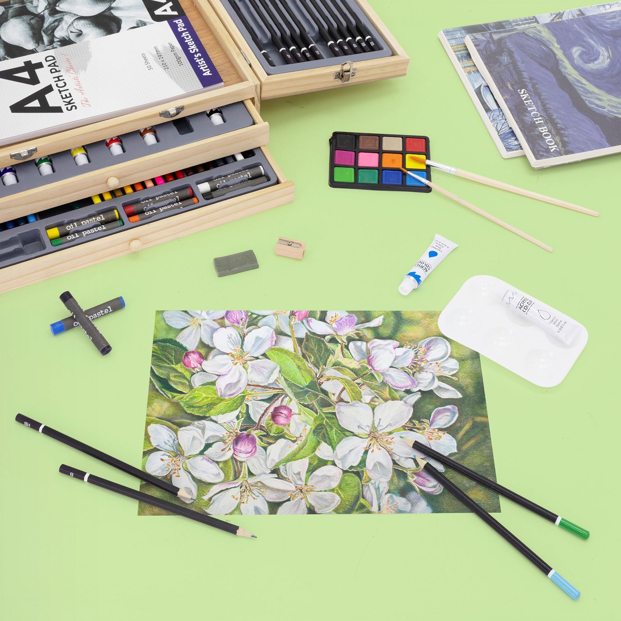 ECD Germany Set per Pittura con Valigetta in Legno 85 pezzi 3 Blocchi da Disegno A4 Colori Acrilici e Accessori Kit Disegno Pennelli Pastelli Acquarelli Portatile per Hobby Artisti Principianti