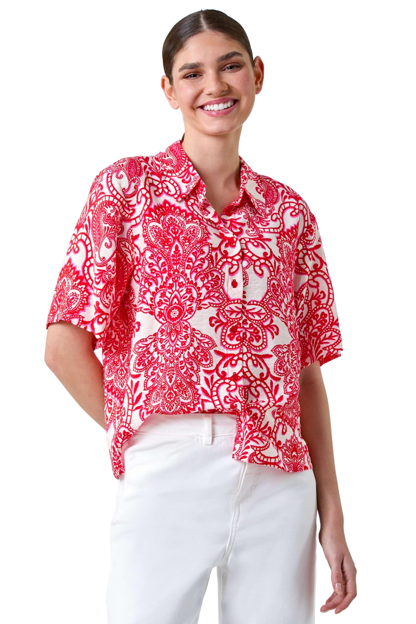 Roman Originals Women's Red Ivory Roman Petite Button Up Pocket Shirt For Uk - Spring Everyday Summer Break Short Sleeve Soft Collar Neckline Comfy Lightweight Cool Blouse Vacation Tops - Size 12