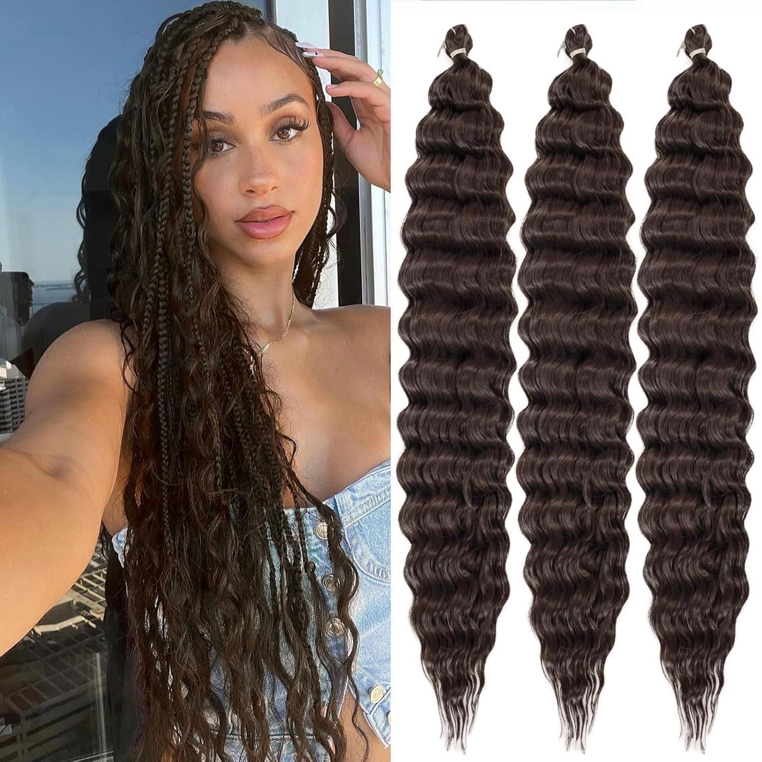 Ocean Wave Crochet Hair 3Packs Deep Wave Braiding Hair Curl Crochet Braiding Hair Extension Ocean Wave Braids Hair for women (4#