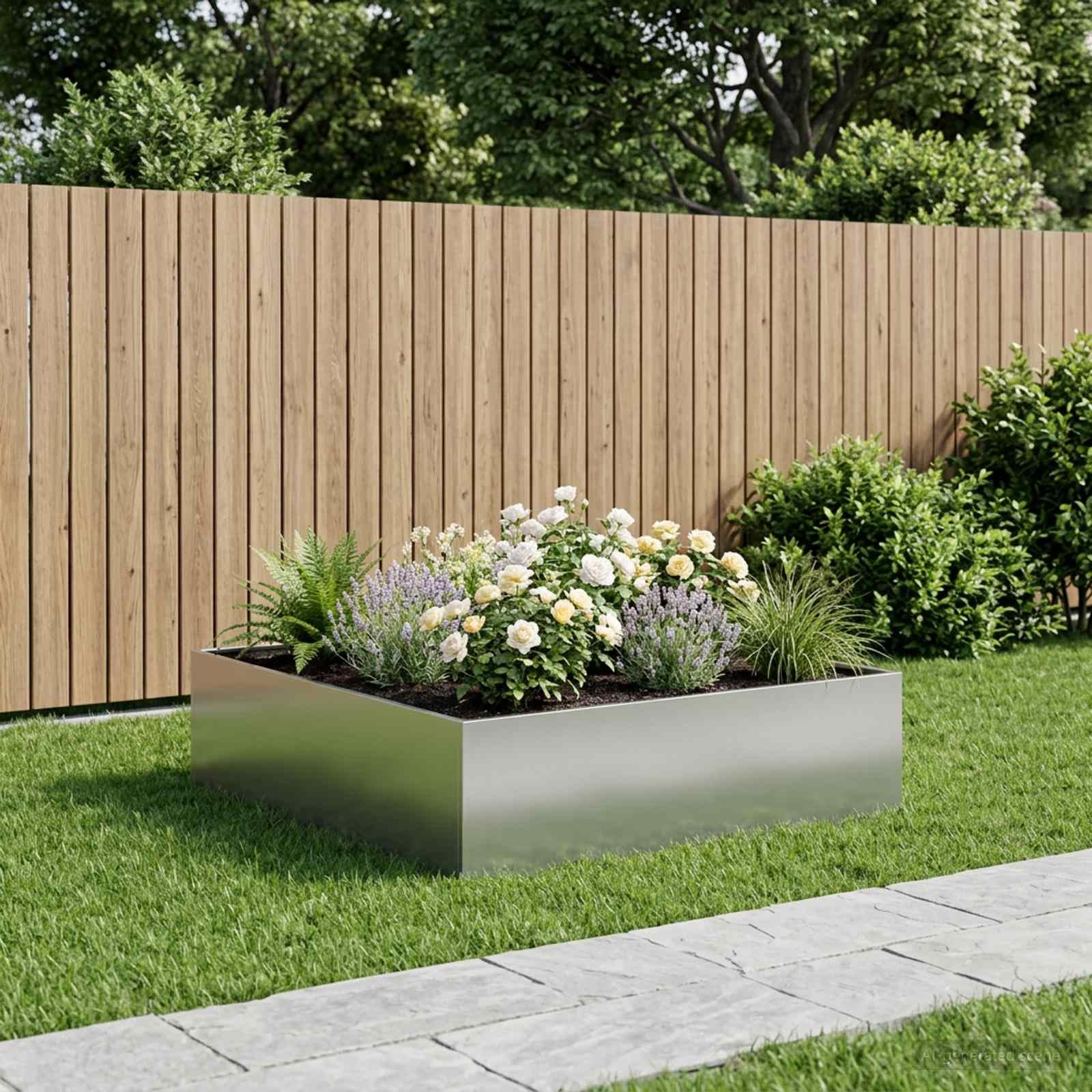 Macetero de acero galvanizado, 80 x 80 x 30 cm, color plateado | Jardinera rectangular resistente a la intemperie, fácil de montar, para jardín, balcón, terraza