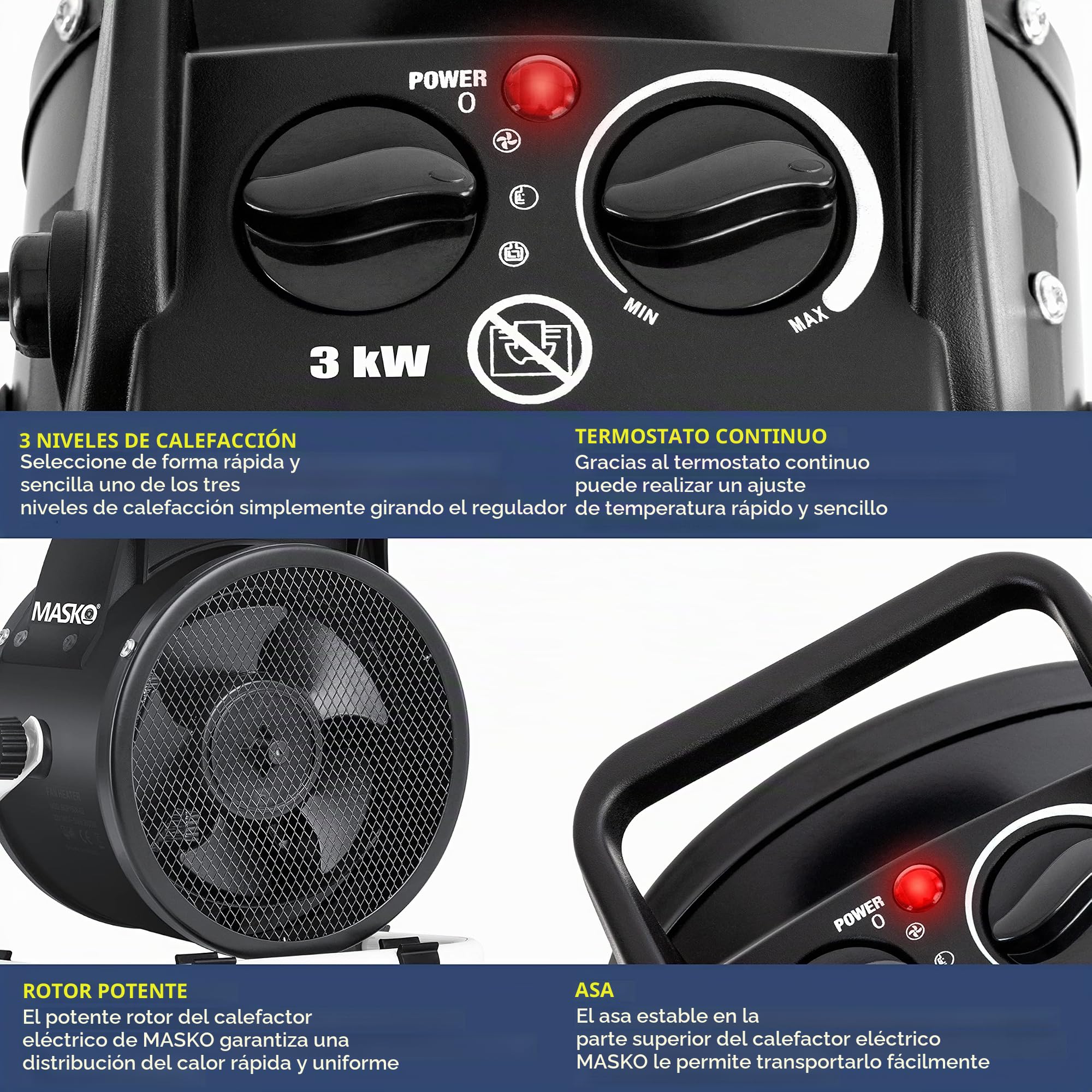 Masko Calefactor cerámico, 3 kW/3000 W, termostato, 3 niveles de calor, interior-exterior