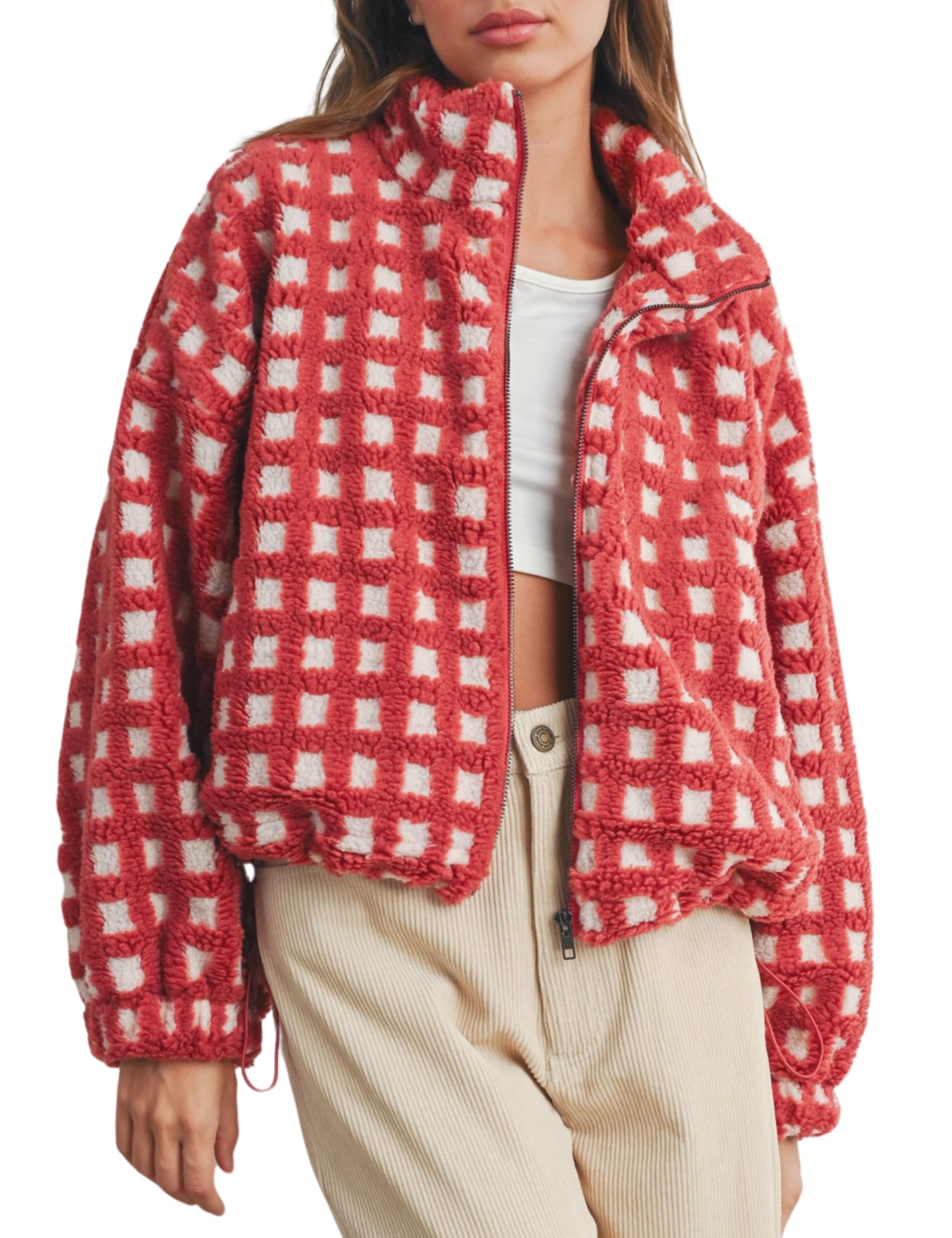 Esmeling Women’s Long Sleeve Cropped Sherpa Fleece Plaid Jacket Casual Chunky Teddy Fleece Outerwear
