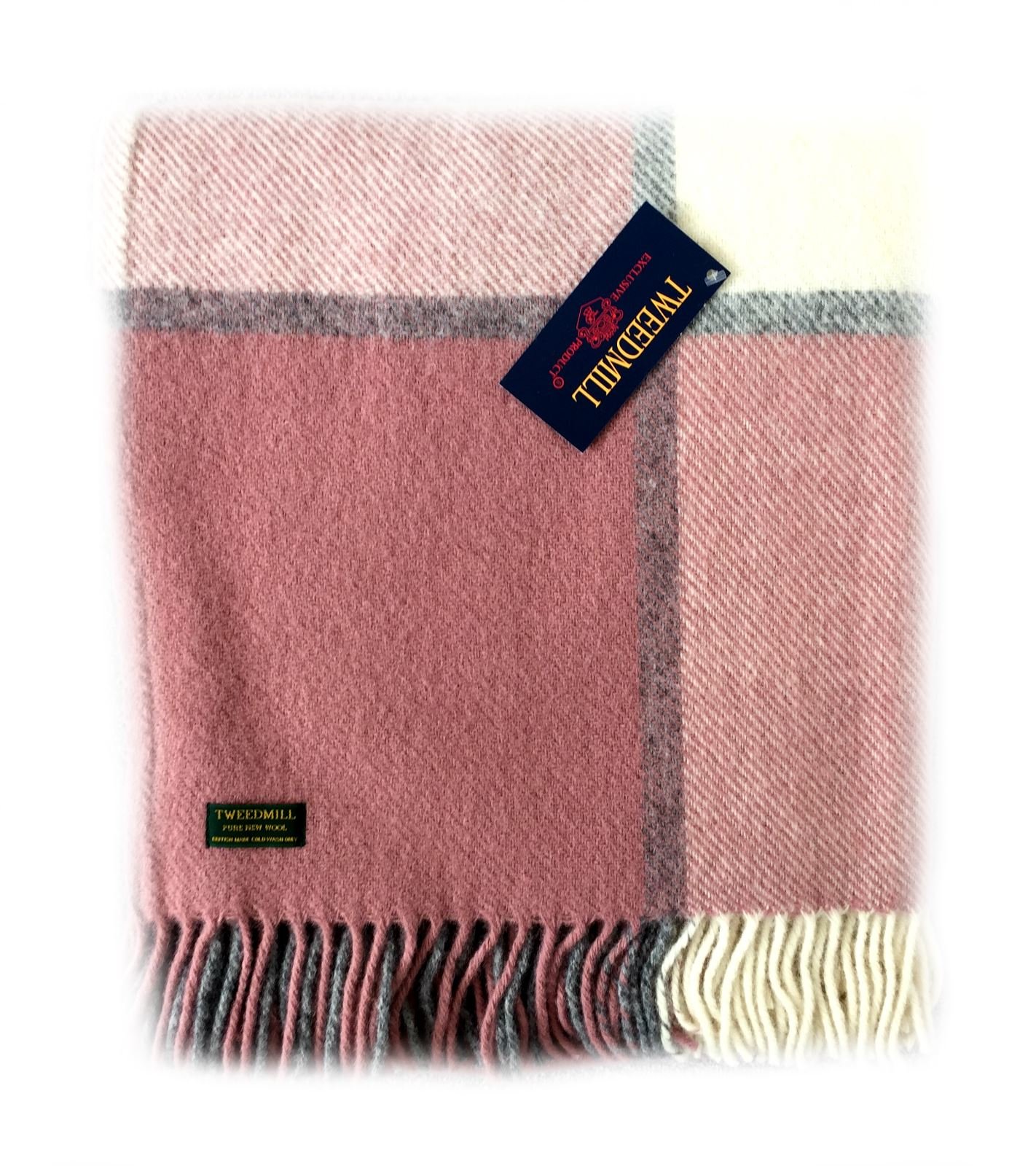 Tweedmill TextilesBlock Check Pure New Wool Blankets, Sofa Blanket Throw - Dusky Pink/Charcoal BRITISH MADE