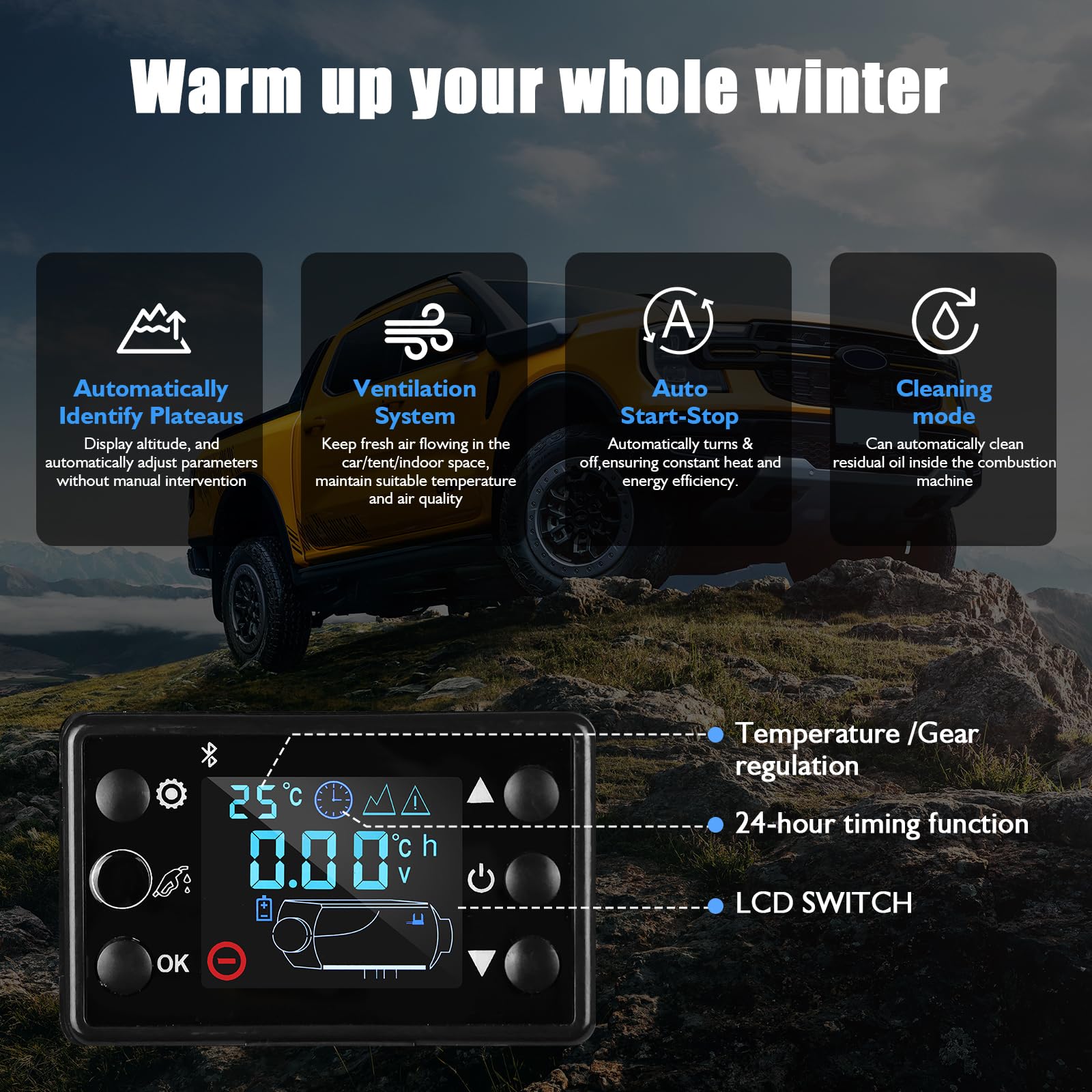 Riscaldatore a Gasolio 8 kW, 12V/24V Riscaldatore Diesel con Bluetooth,Telecomando,Display LCD, Serbatoio da 9L, Timer, Modalità Alta Quota, Sistema di Ventilazione,Per Auto, Camper, Furgoni, Barche