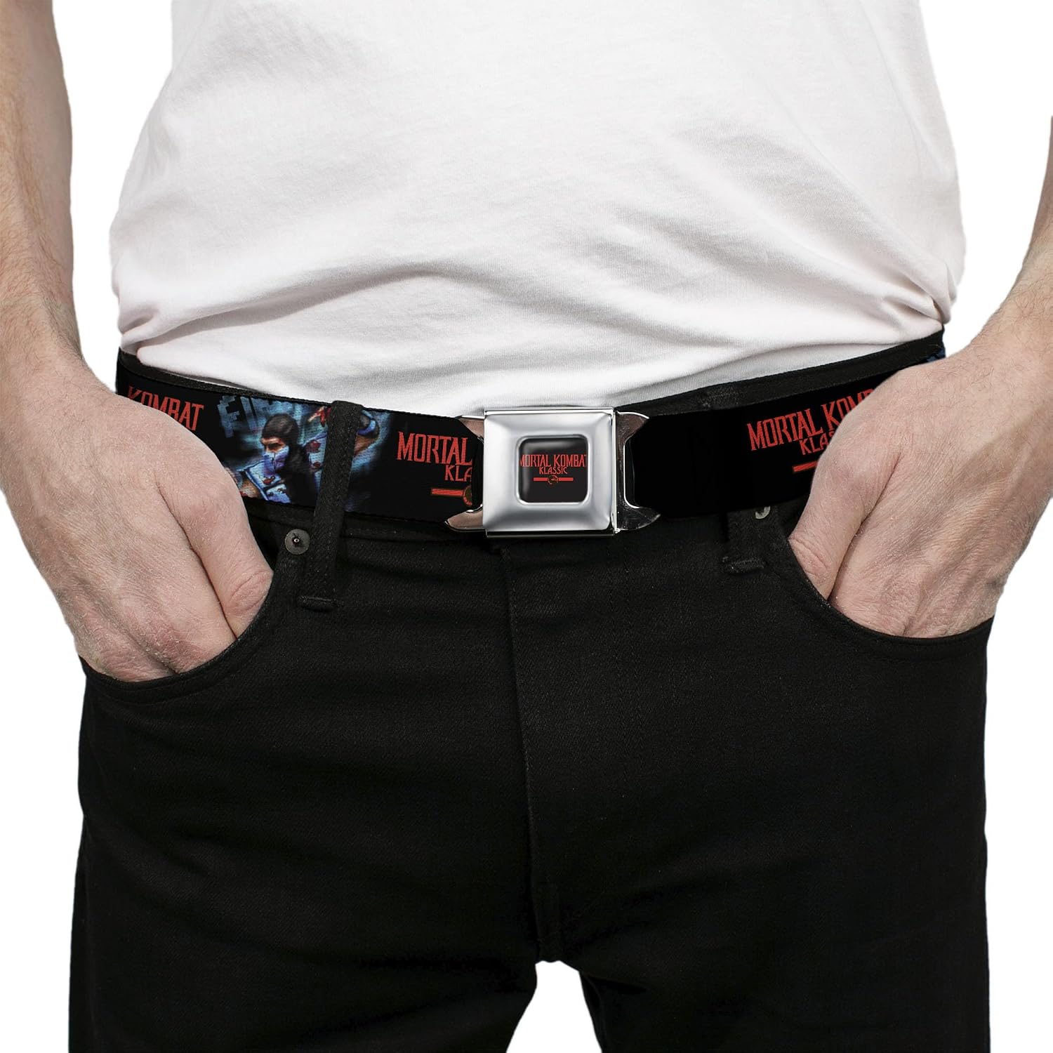 Mortal Kombat Belt, Seatbelt Buckle Belt, Mortal Kombat Klassic Sub Zero Freeze Pose and Logo Black, Adjustable
