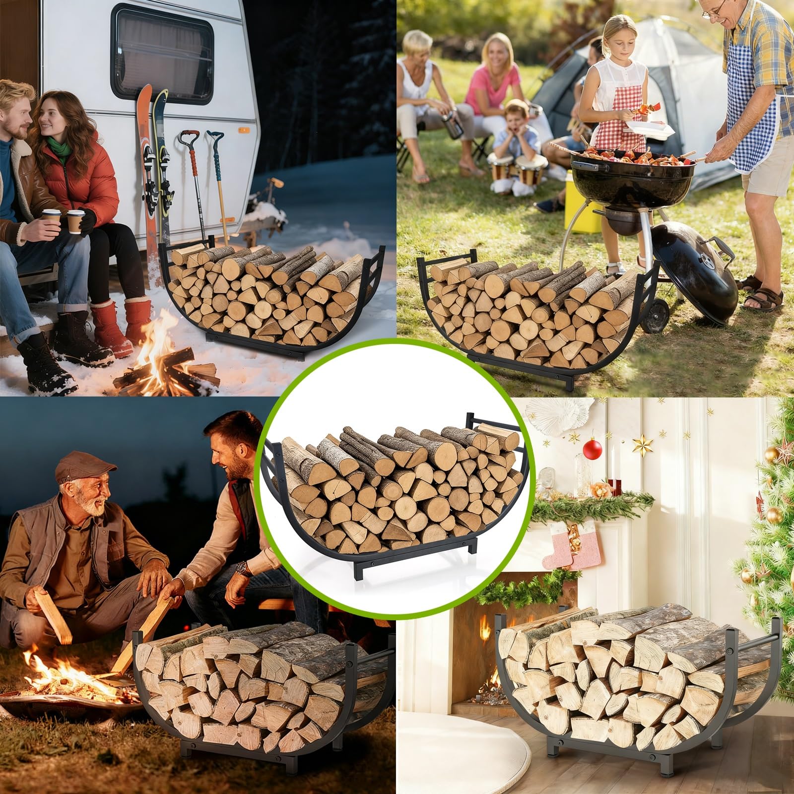Leñero de Metal, Leñero Interior Curvo, Leñeras de Exterior, Capacidad de Carga 136 Kg, Leña para Chimenea y Patios
