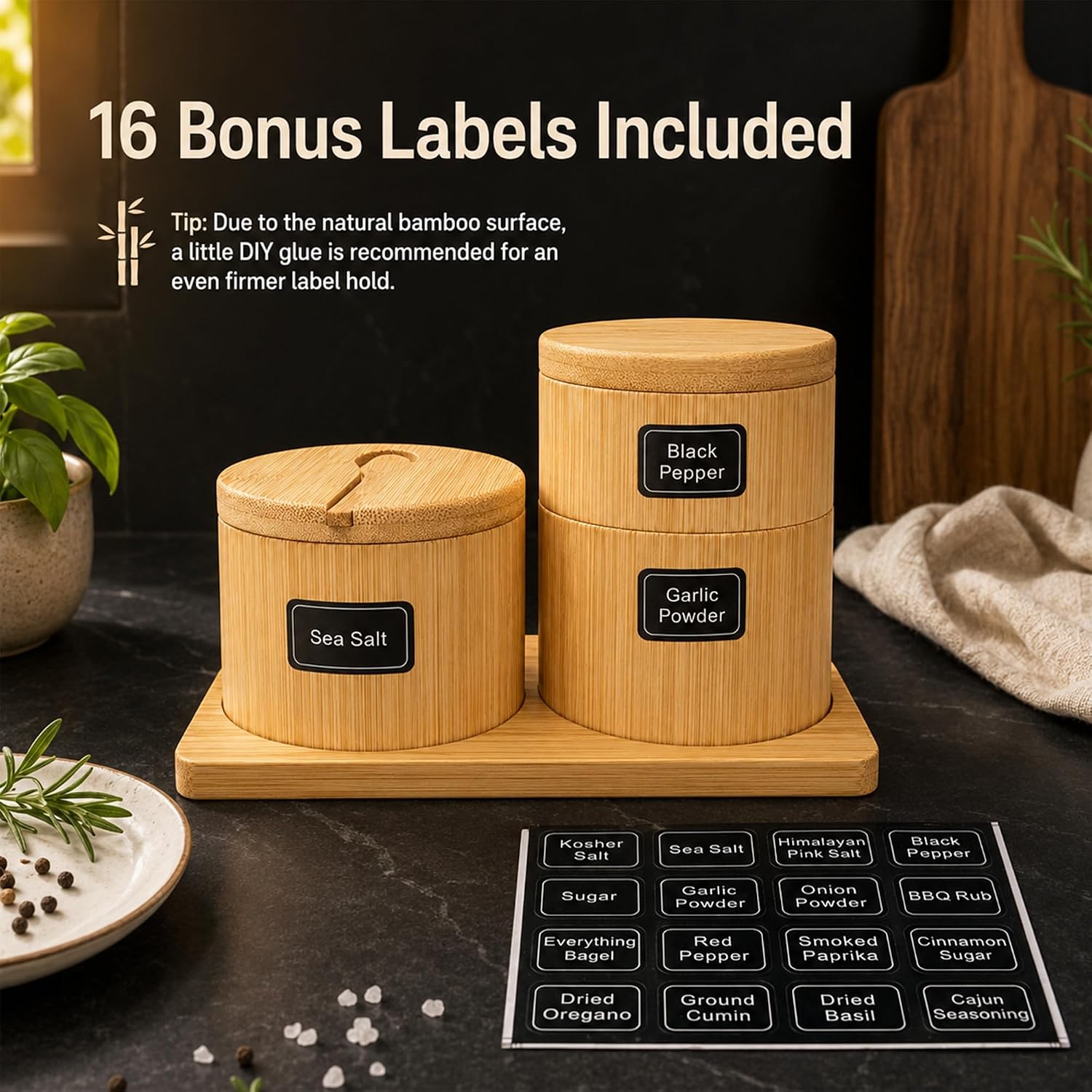 Bamboo Salt Cellar Set with Tray, Single & Double-Tier Salt and Pepper Cellar with Spoon & Magnetic Swivel Lid, 16 Labels, Spice Containers for Salt, Sugar, Pepper, Spices, Kitchen Organizer 9OZ Each