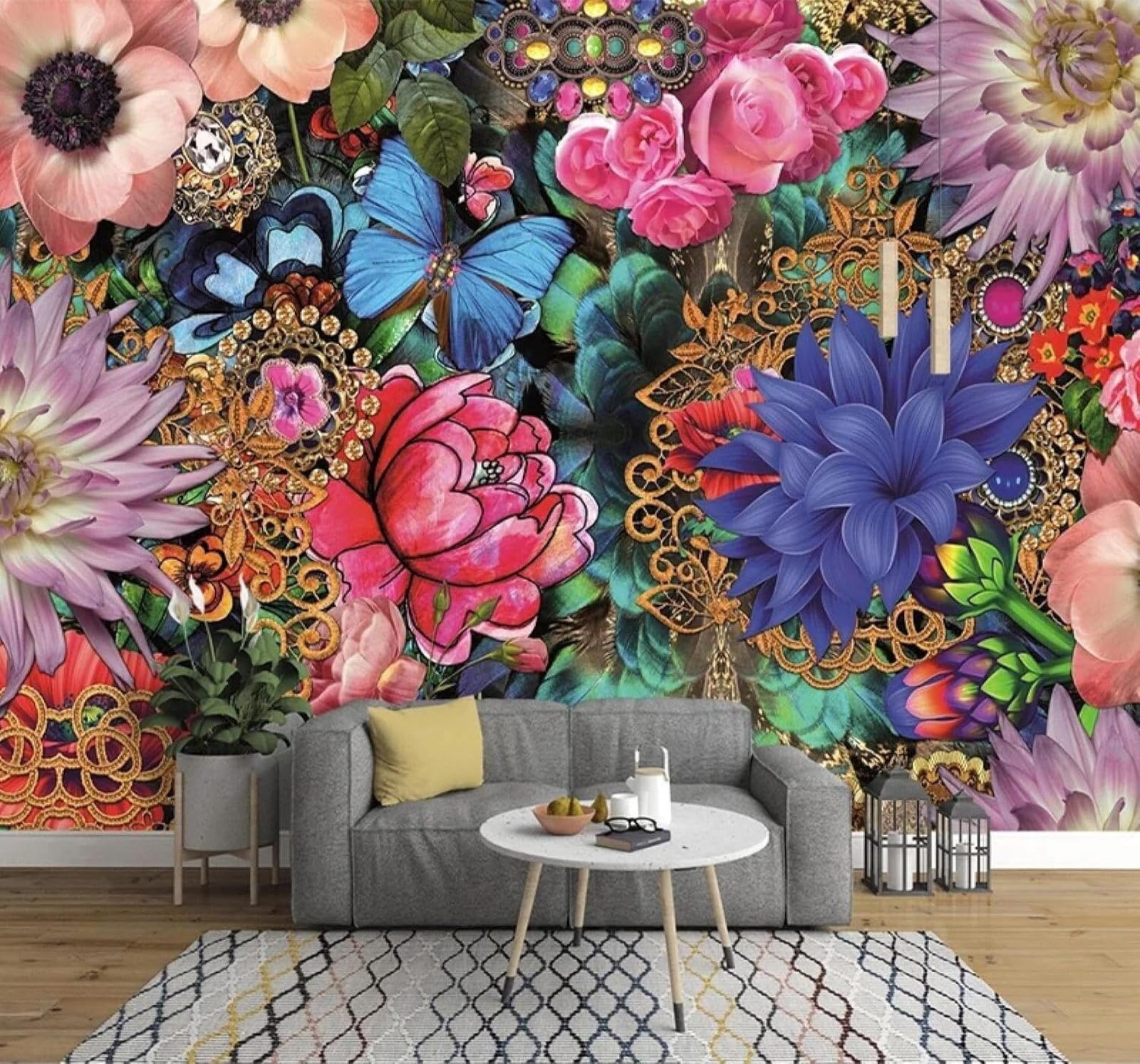 XLMING Papier Peint 3D Beauté Couleurs Fleurs Papillons Art