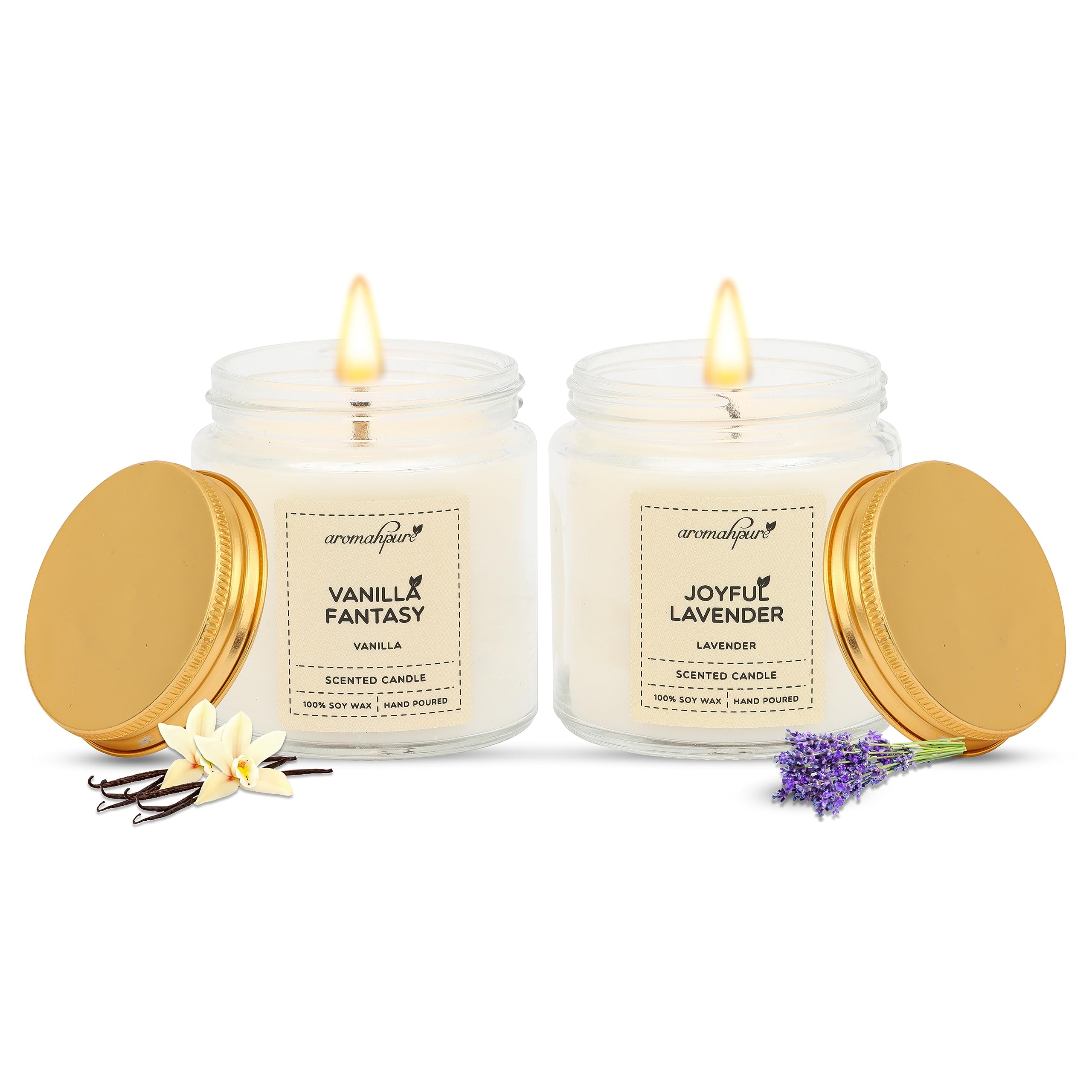 Aromahpure Scented Candles (55 Hours) (100% Soy Wax)- Handcrafted | Smoke-Free |Vanilla Fantasy -Vanilla, Joyful Lavender -Lavender Candles for Home & Gift Sets.(Pack of 2), IFRA Certified