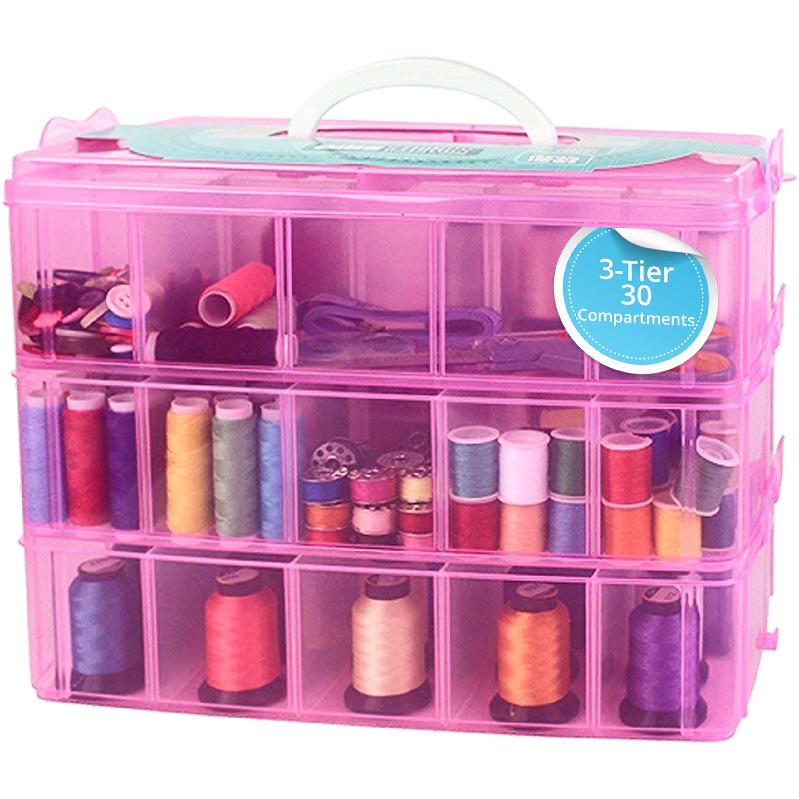 Bins & Things Pink 3-Tier Stackable Bead Organizer with Lids - Craft Organizers and Storage Box - 30 Adjustable Compartments for Art Supplies, Sewing Needs, or Kids’ Toys - Portable Design