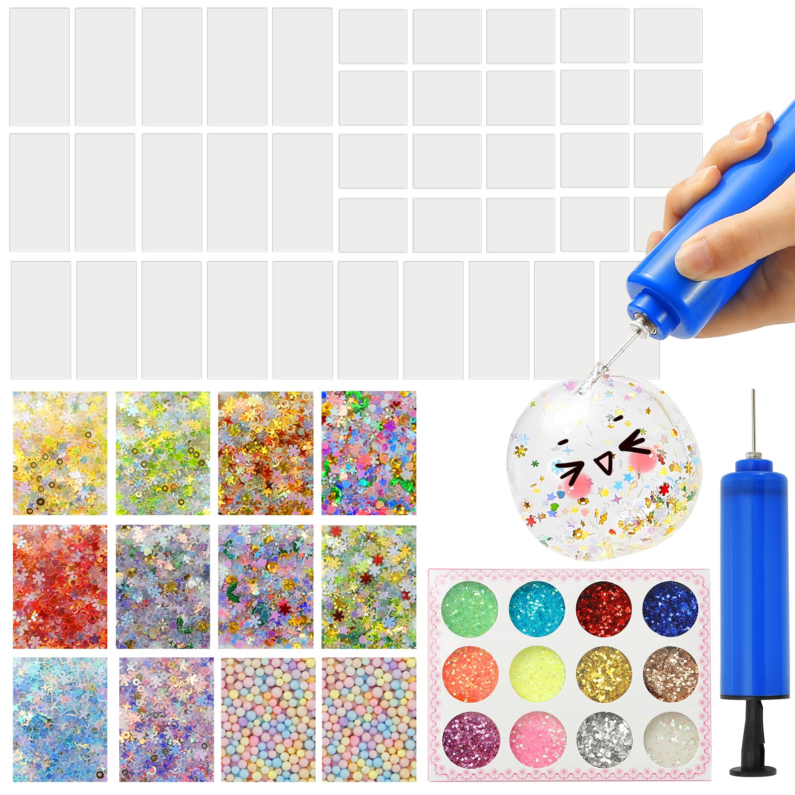 70pcs Nano Tape Bubble Kit, DIY Craft Set with 22pcs Glitter, 5pcs Straw and Inflator, Cute & Fun Double Sided Tape Magic Plastic Bubbles, Party Favors, Fidget Toys for Girls, Boys, Kids, Adults
