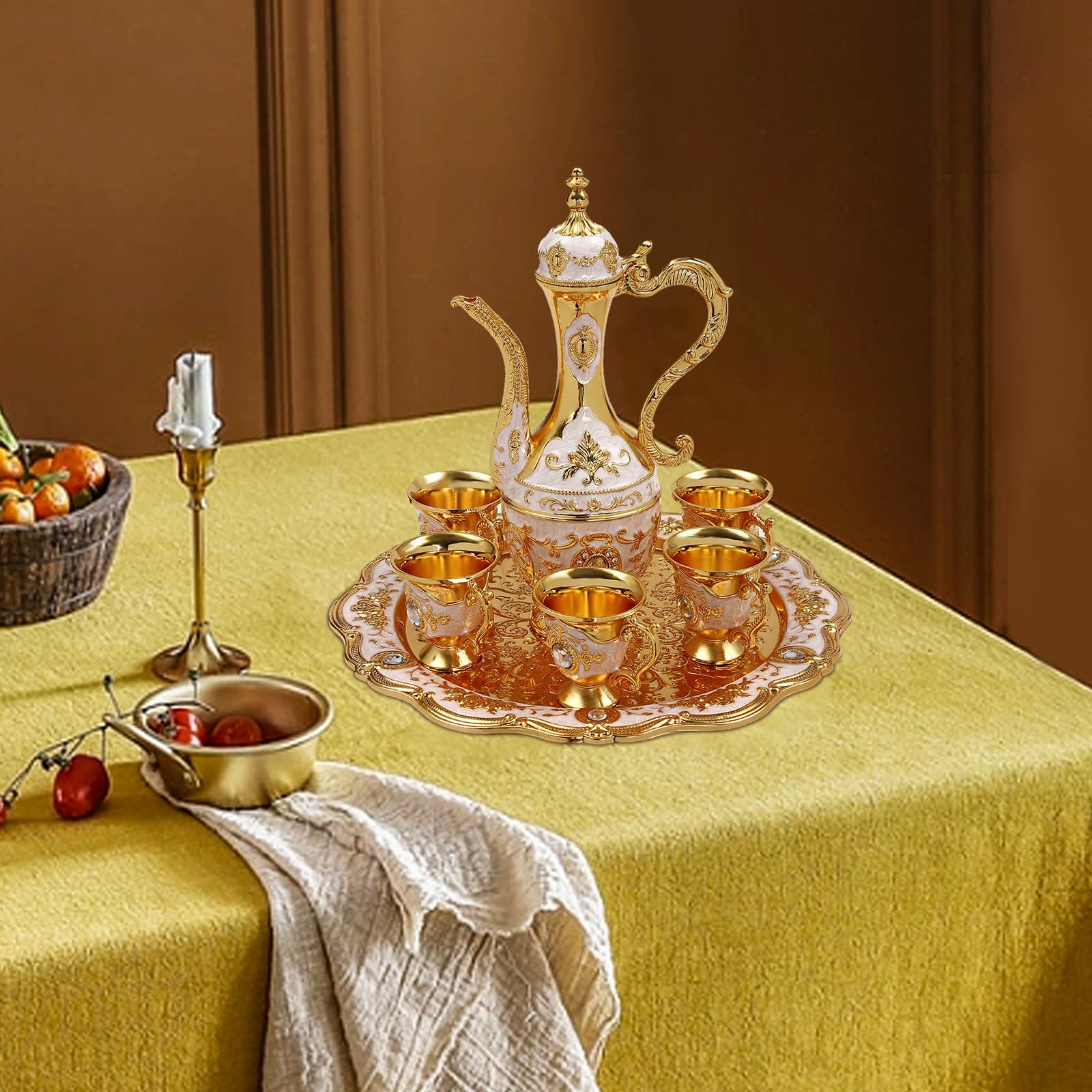 Turkish Tea Set, Vintage Turkish Coffee Cups Set with Pot and 6 Cups,Turkish Tea Glasses for Home Decor Birthday Christmas Housewarming Wedding ? (Gold, White)