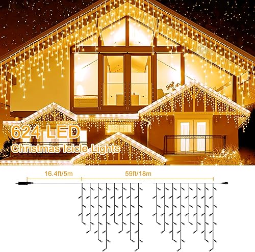 Miniatura 2 de Luces de carámbano para exteriores, 75 pies, 624 LED, luz blanca cálida de Navidad al aire libre, 8 modos, temporizador, luces de carámbano