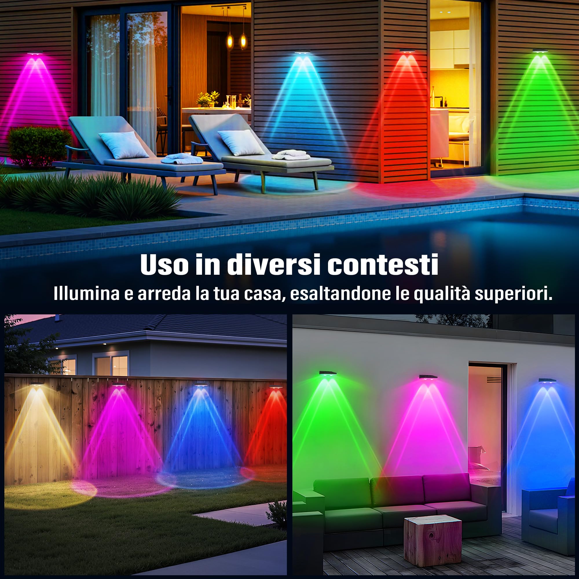 Applique da Esterno Solare Impermeabilità IP67, 6 Pezzi Luce Solare LED Esterno RGB con 8 Modalità Lampade Solari da Esterno per Cortile, Giardino e Recinzione