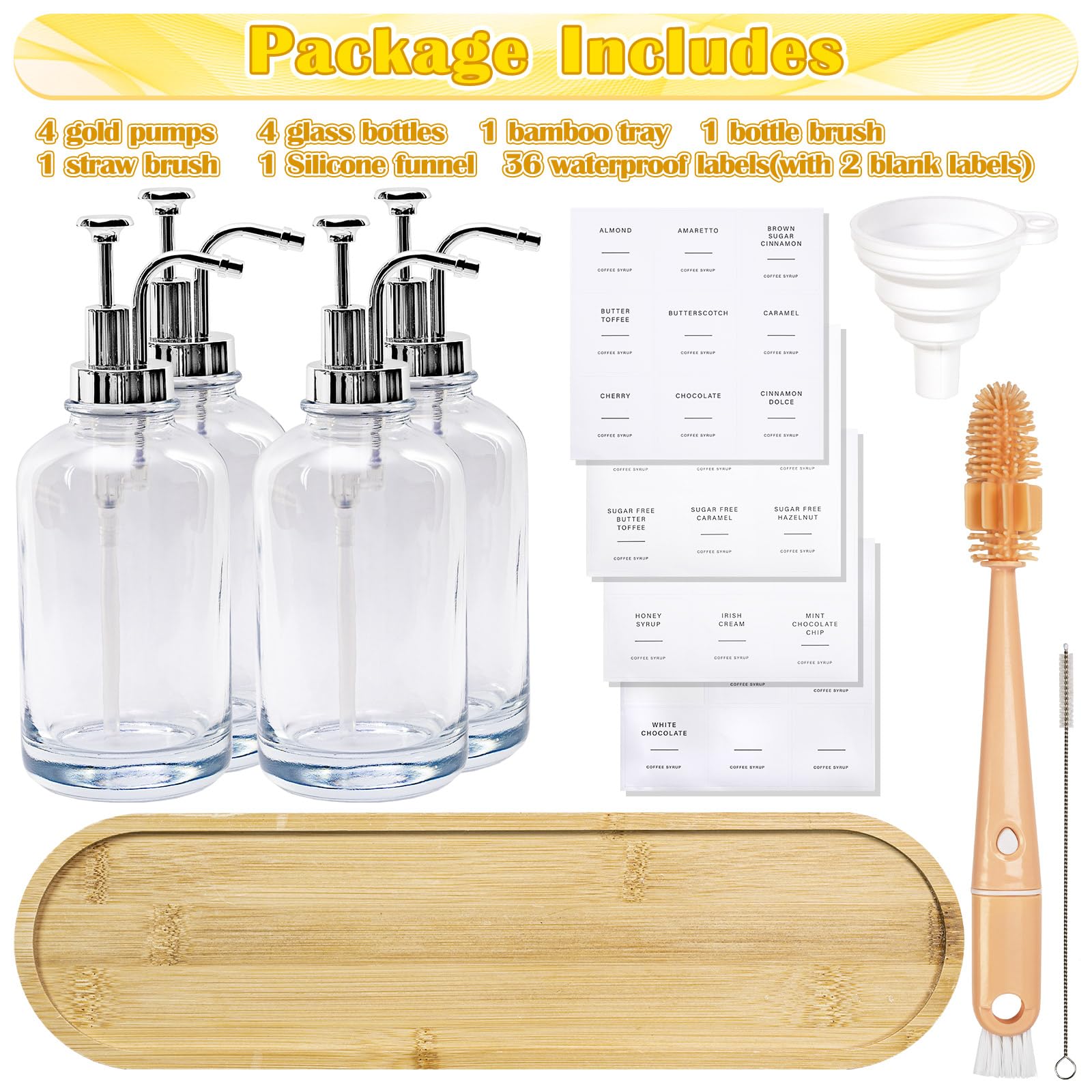 Dispenser per sciroppo di caffè, 500 ml, bottiglia in vetro per sciroppo, 4 dispenser con pompa, contiene 36 etichette e scovolino, imbuto, vassoio (confezione da 4)