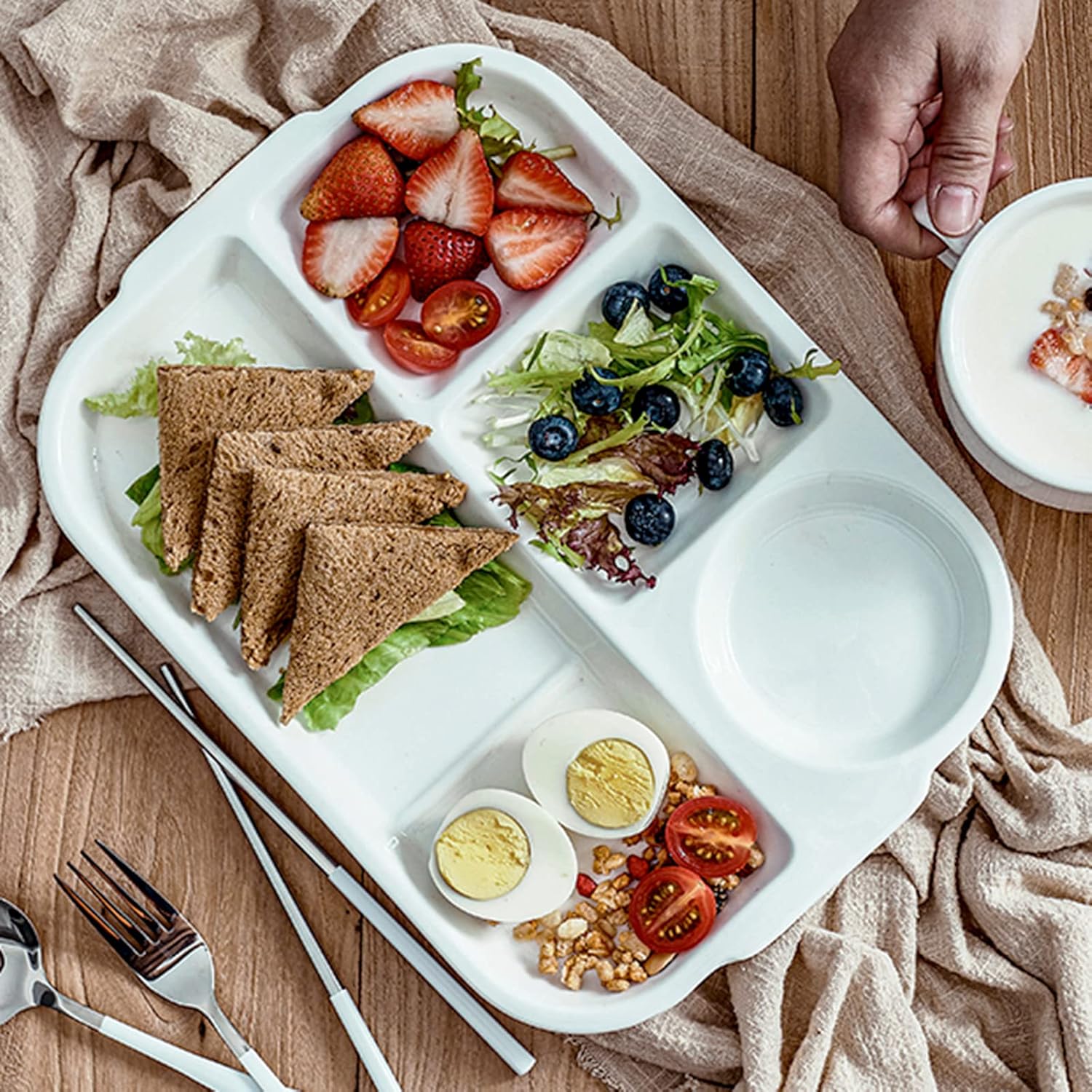 TOPZEA 4 Pack Divided Dinner Trays, Ceramic Serving Platter Dinner Plates with 4 Compartments Partition Fast Food Lunch Tray for Portion Control, Fondue Plates with Vinegar Sauce Dish