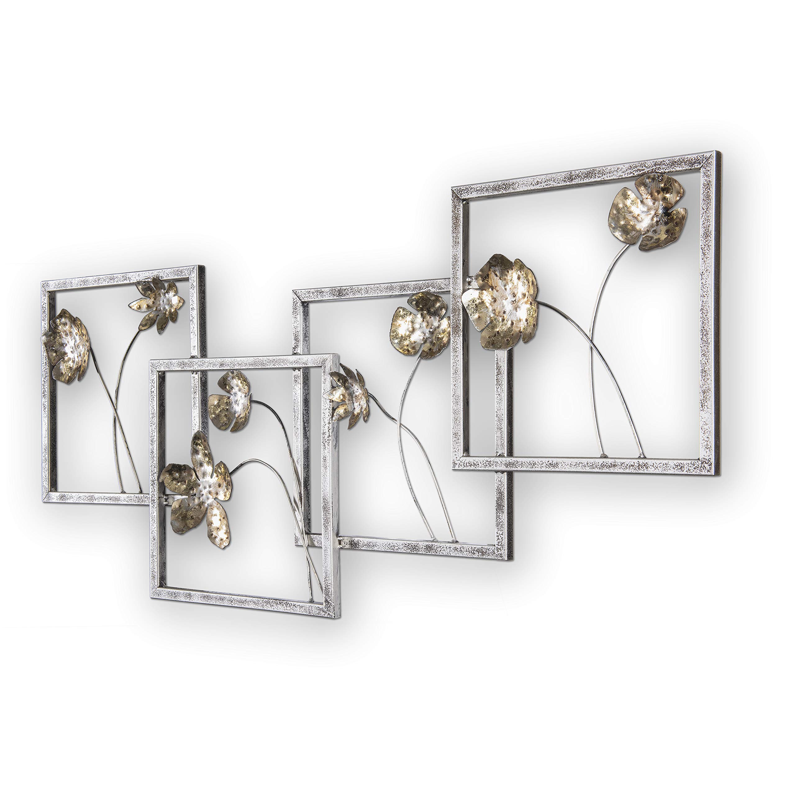 House of Arts | Metallbild 'Fiori in quadrati' | Moderne Wanddekoration mit Blumen | Wandbild 3D Wandrelief | Moderne Wanddeko handgefertigt aus Metall | 100 x 47 cm | Silber Gold