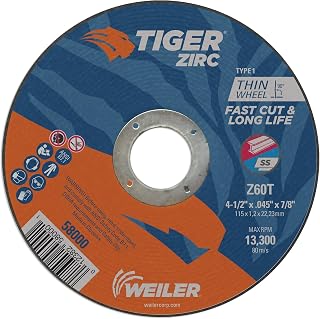 Weiler 58000 4-1/2" x 0.045" Tiger Zirc Type 1 Thin Cutting Wheel, Z60T, 7/8" A.H. (Pack of 25)