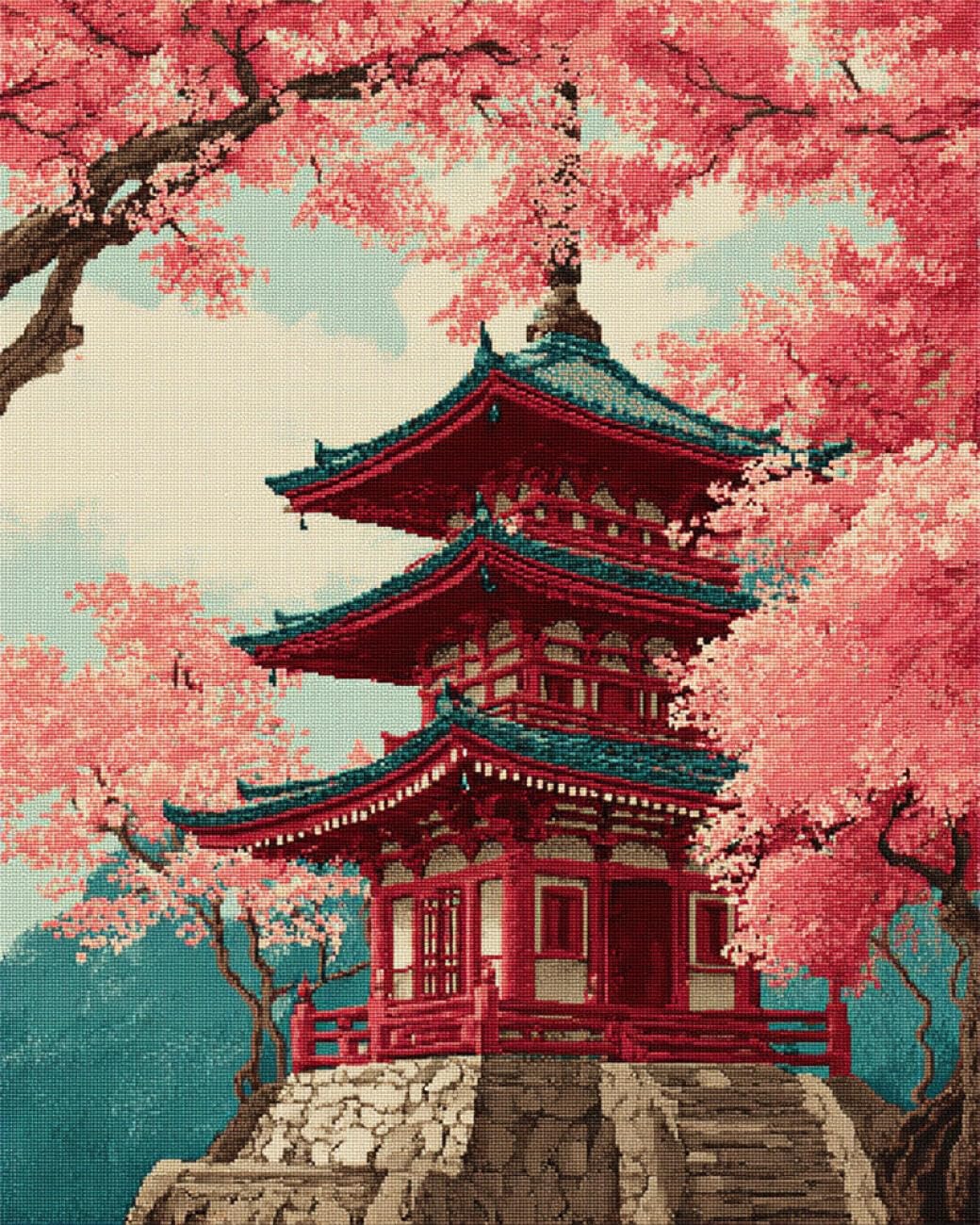 RKFLGEW DIY Bead Embroidery Kit Flowering Trees and Buildings 40x50cm
