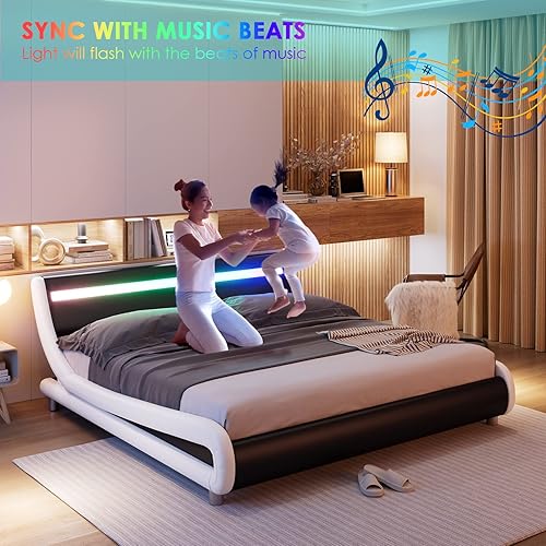 Miniatura 5 de Marco de cama de lujo tapizado en piel sintética con cabecera LED, diseño ondulado de perfil bajo, soporte de listones de madera, control remoto, no