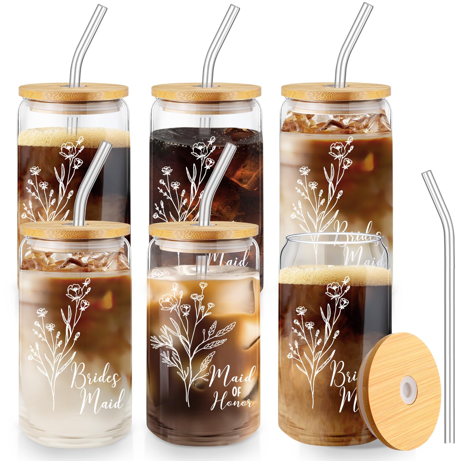 Photo 1 of Layhit 6 Pcs Bridesmaid Gifts Bridesmaid Proposal Gifts 16 Oz Cute Can Shaped Drinking Glasses with Bamboo Lids and Glass Straw Iced Coffee Cup Mason Jar Cups for Engagement Wedding Bridal
