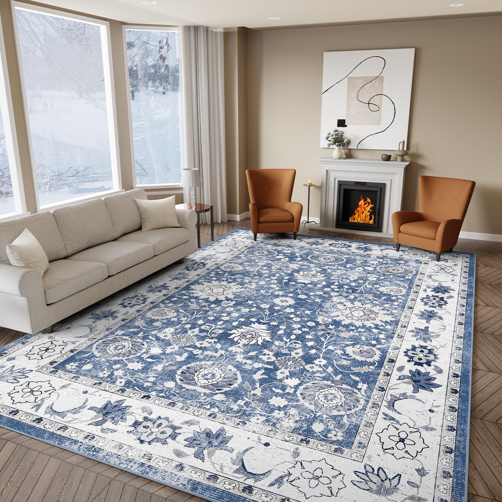 IKALIFE Alfombra Salon Lavable Vintage - Alfombras Grandes Antideslizante Alfombra de área Alfombra Pelo Corto Alfombra Sala para Pasillo Larga Habitacion Dormitorio Comedor 160x230 cm Azul OEKO-TEX STANDARD 100