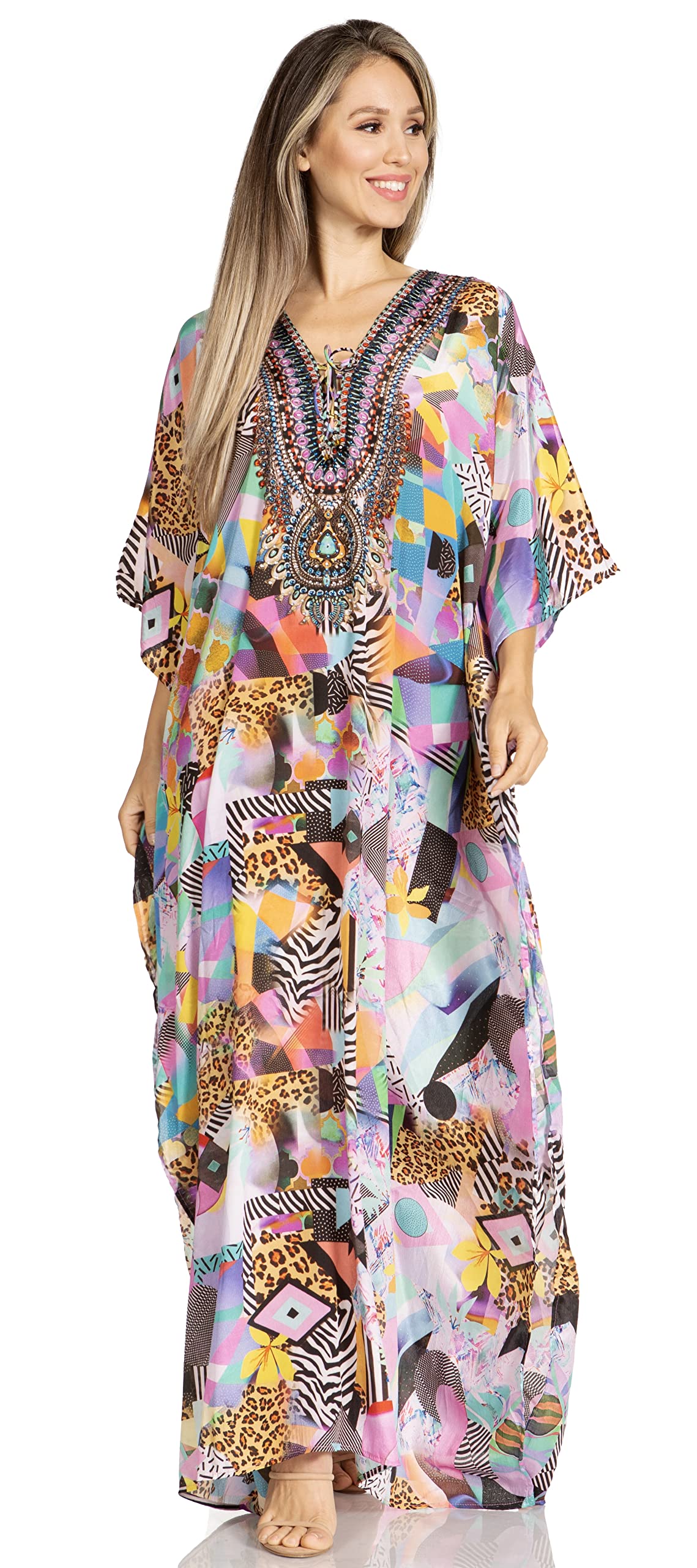 Sakkas Yeni Women's Short Sleeve V-Neck Summer Floral Long Caftan Dress Cover-up