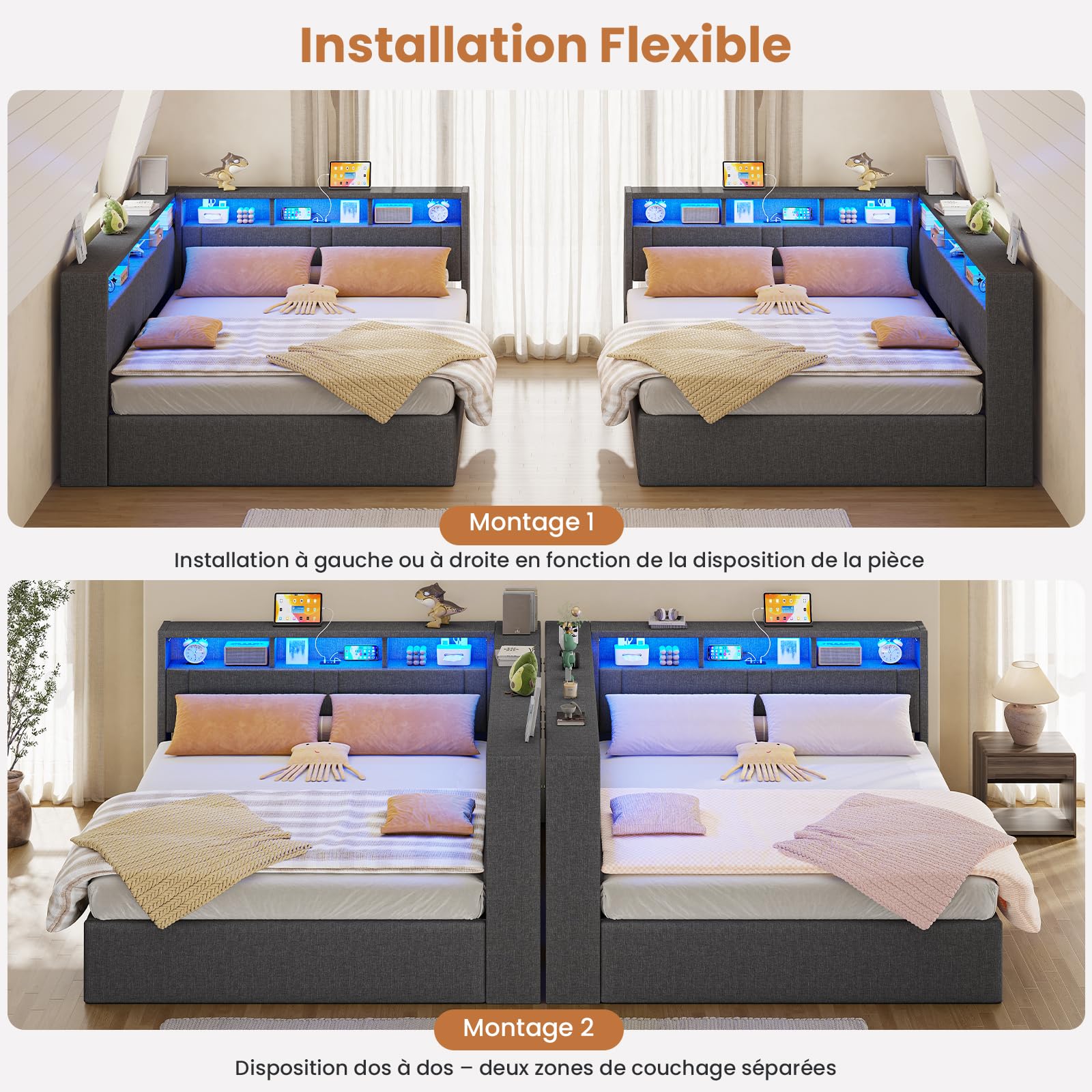 AOGLLATI Canapé Lit 140 x 200 avec Éclairage LED, Multiprise et Hydraulique
