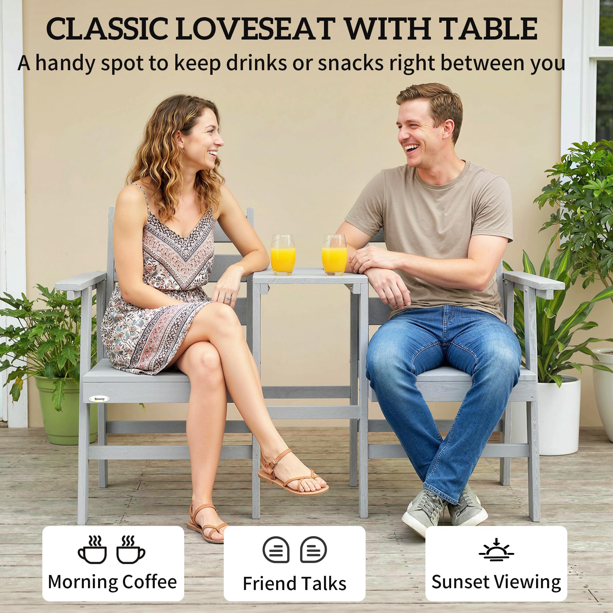 Outsunny Garden Loveseat Jack and Jill Gartensitz Einbautisch Grau | 2-Sitzer, geprägter Holzsitz, Terrasse, Veranda, Balkon