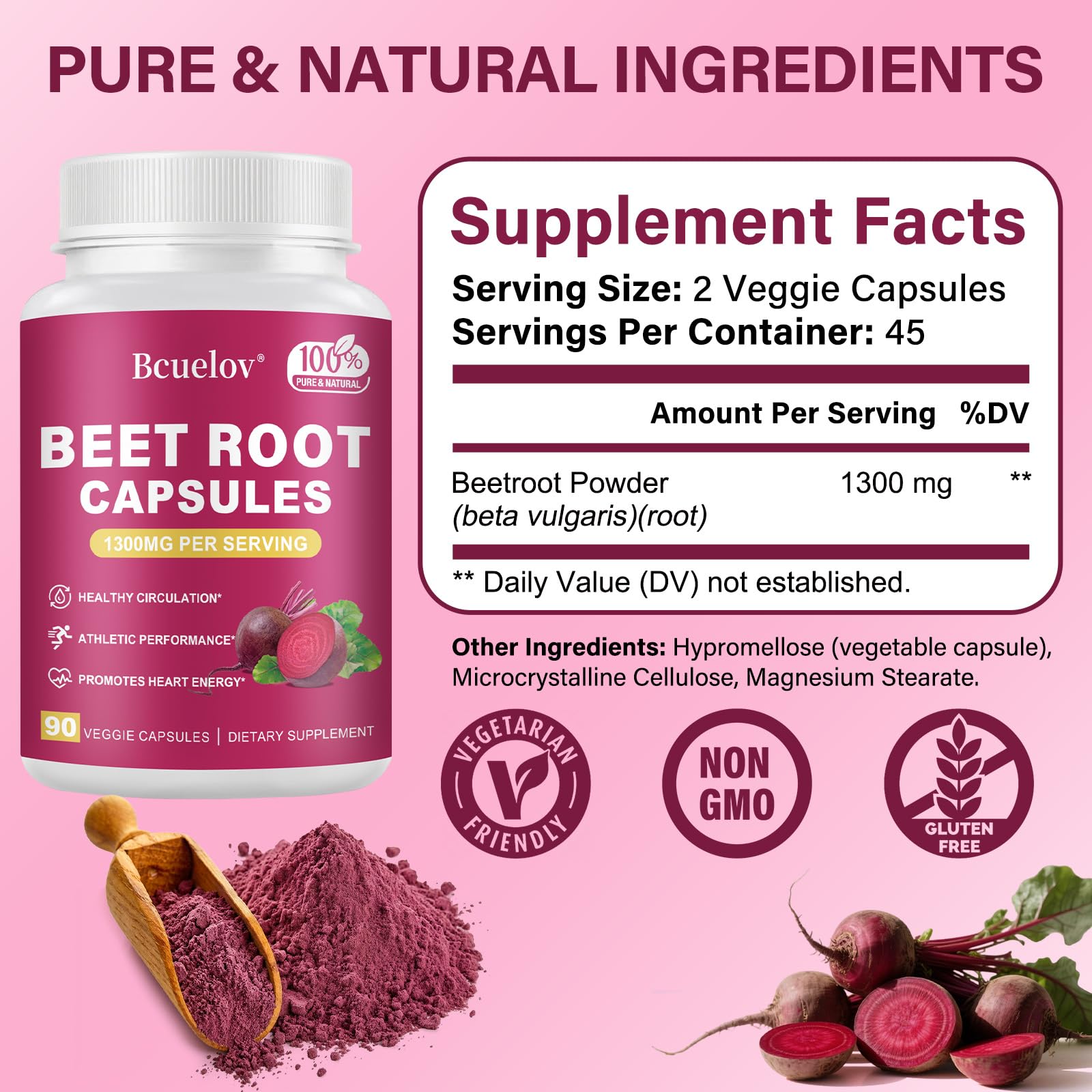 Beet Root Capsules | 1300mg Pure Beetroot Powder Capsules – Supports Blood Pressure, Natural Energy & Endurance - 90 Capsules, 45 Days Supply — Amazon image 2