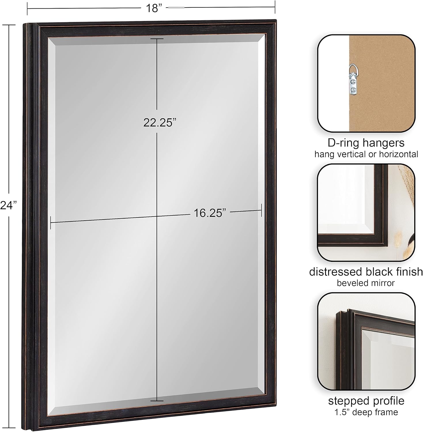 Kate and Laurel Oakhurst Traditional Rectangular Wall Mirror, 18 x 24, Black, Distressed Vintage Rectangle Vanity Mirror for Use as Bathroom Mirror for Over Sink or Refined Entryway Mirror