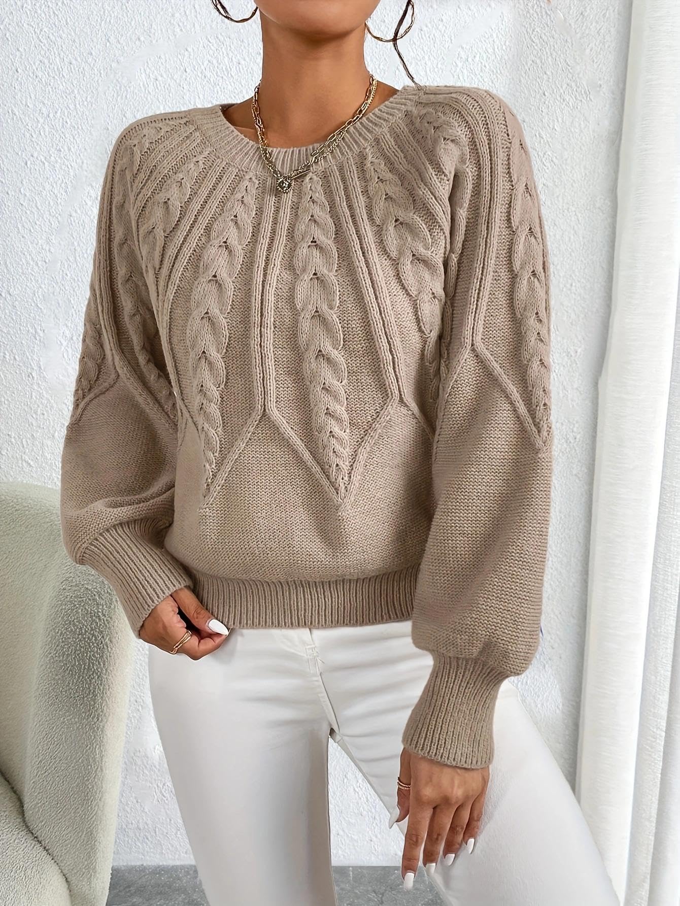 Women Chunky Knit Sweater with Lantern Sleeves Cozy Fall and Winter Pullover Sweater Casual Knit Sweater Comfortable