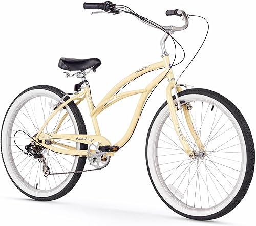 Miniatura 14 de Sixthreezero Urban Lady Beach Cruiser - Bicicleta híbrida de 3 velocidades para mujer Verde militar con llantas rosadas con asiento negro/puños
