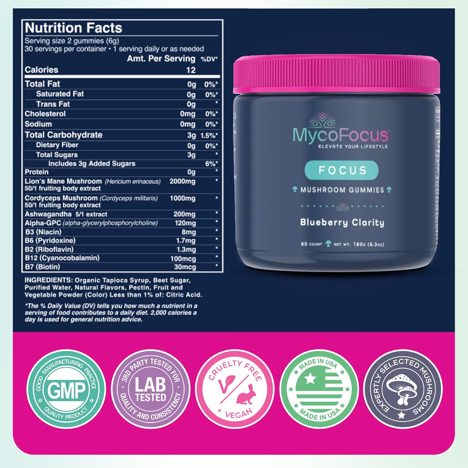 Clarity and Focus Mushroom Gummies — Powerful Brain Supplement with Lion’s Mane, Cordyceps & Ashwagandha for Memory, Stress Relief and Calm - 60 Gummies