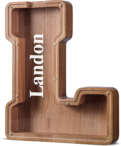 Summidate Alcancía de madera extragrande con nombre personalizado para niños y niñas, alfabetos, letras A-Z, monedas, billetes, cambio de dinero,