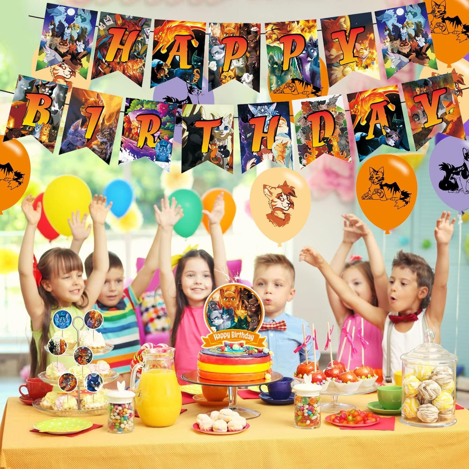 Warriors Cats Party Decorations, Cartoon Cat Theme Birthday Party Supplies Include Happy Birthday Banner, Balloons, Cupcake Cake Topper s for Fans Adults Party Decorations