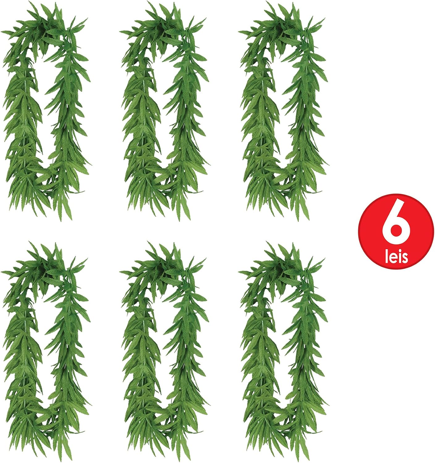 Beistle Tropical Fern Leaf Leis – 6-Pack Green Leaf Necklaces, Decorative Island-Inspired Accessories for Hawaiian Luau Parties, 1960s Retro Themes, Beach Events, and Festival Costumes, 40”