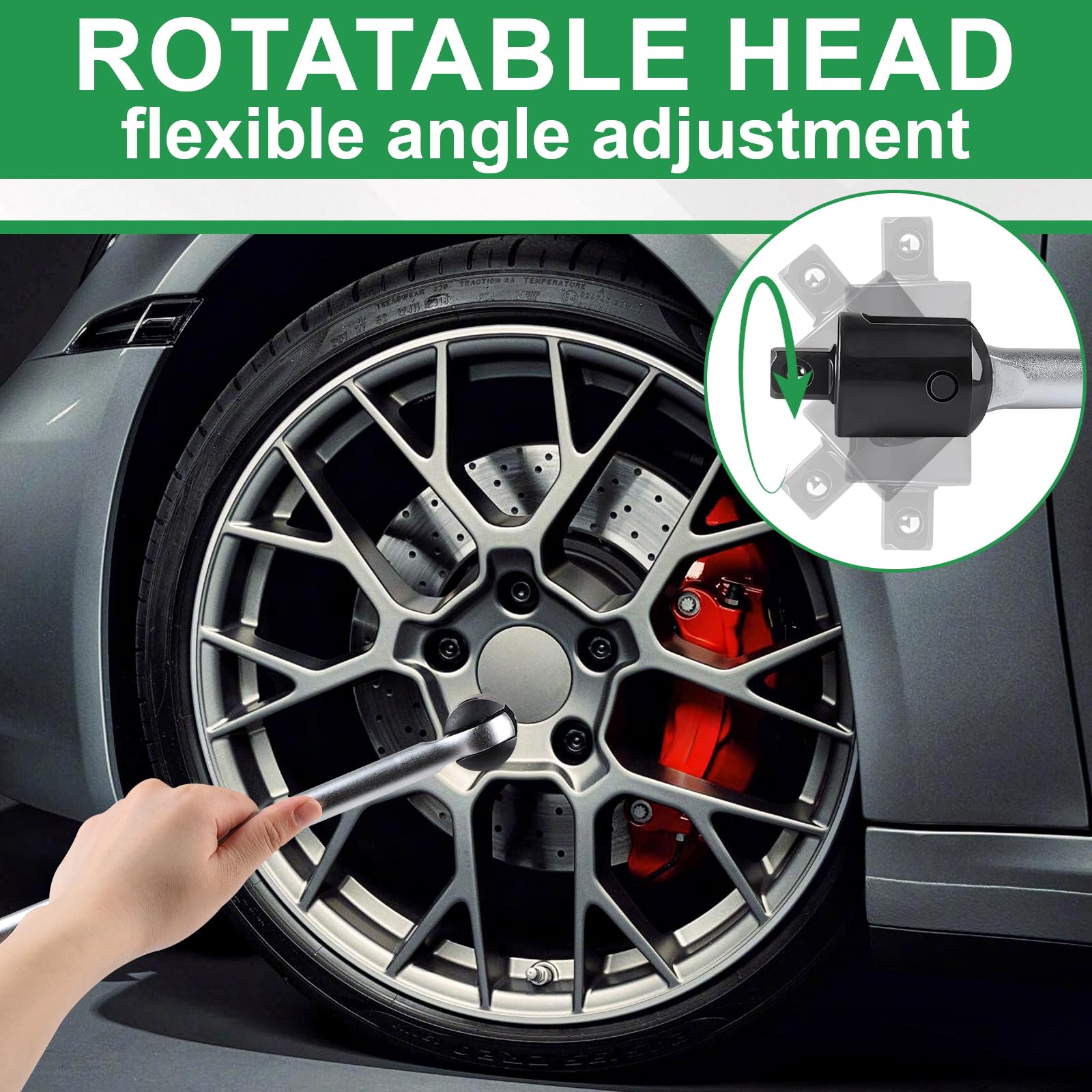 Mango Articulado 1/2 Longitud 600mm, Llave Articulada Rompedora con Cabeza Flexible de 240°, Carraca Articulada 1/2 para Reparaciones de Automóviles, Sustitución de Neumáticos, Plata