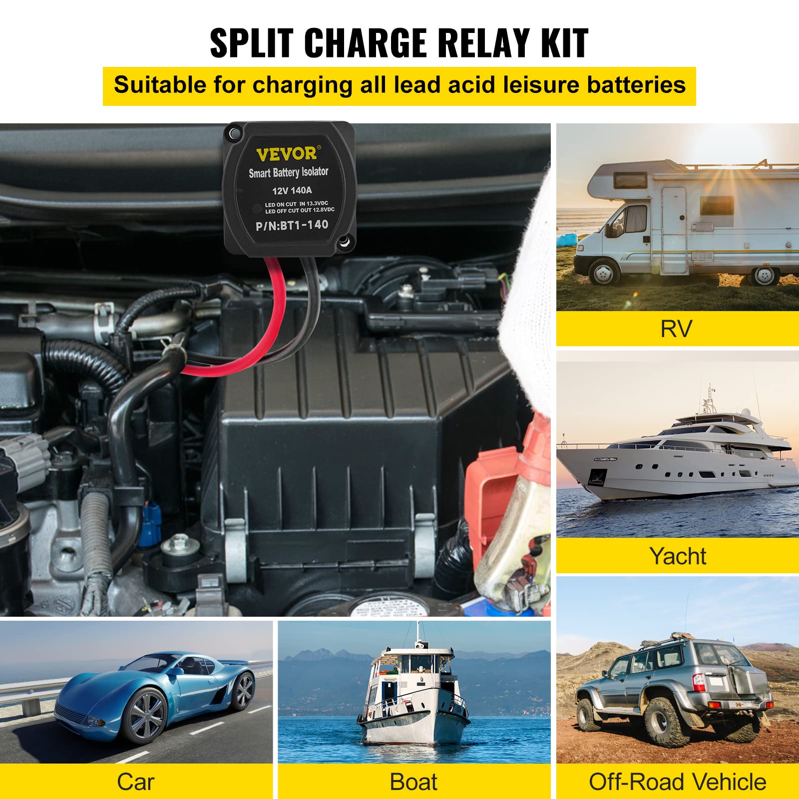 VEVOR Split Charge Kit Relè Batteria per Il Tempo Libero, JDQTJ-6M 12V CC Kit Relè di Carica con Cavo Batteria Rosso 110A per Veicoli Fuoristrada, Camper, Roulotte, Navi, Yacht, Applicazioni Marine