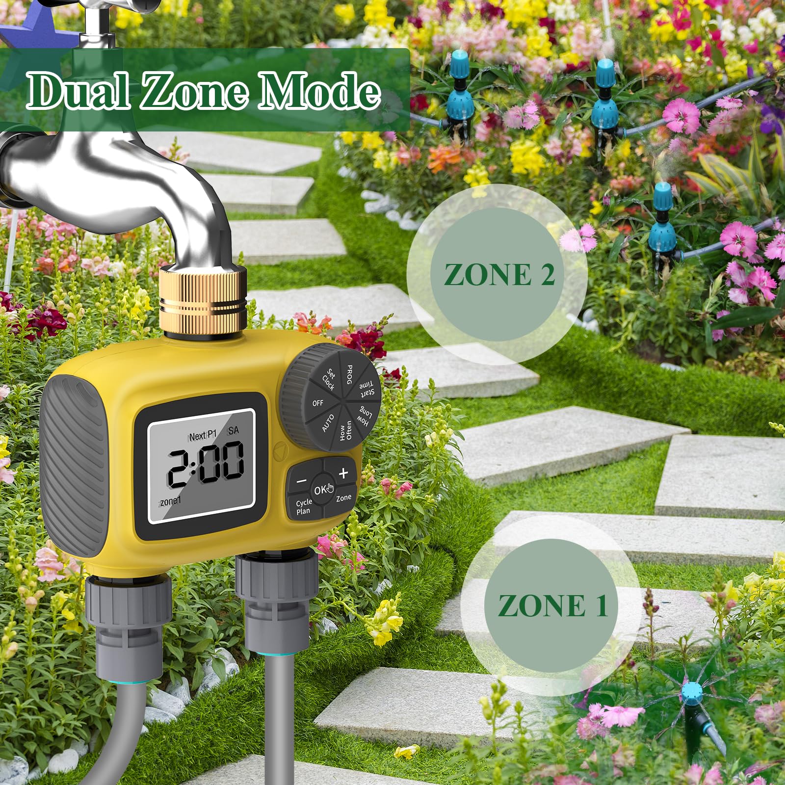 Kit de Sistema de Riego por Goteo con Temporizador Automático de Agua de 2 Zonas con Pantalla LCD,Temporizador de Riego con Nuevo Conector Rápido Antifugas para Jardín,Césped