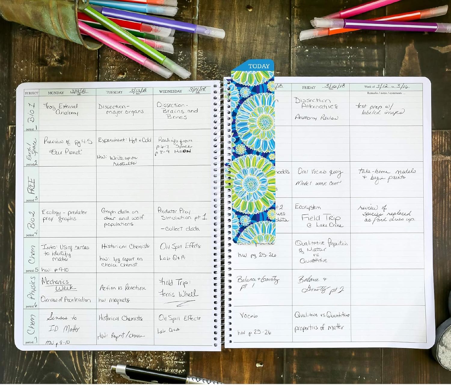 Elan Publishing Company HARDCOVER Combination Plan and Record Book: One efficient 8.5" x 11" Book for Lesson Plans and Grades Combines W101 and R1010 with Bonus Clip-in Bookmark (Blue Green Flowers)
